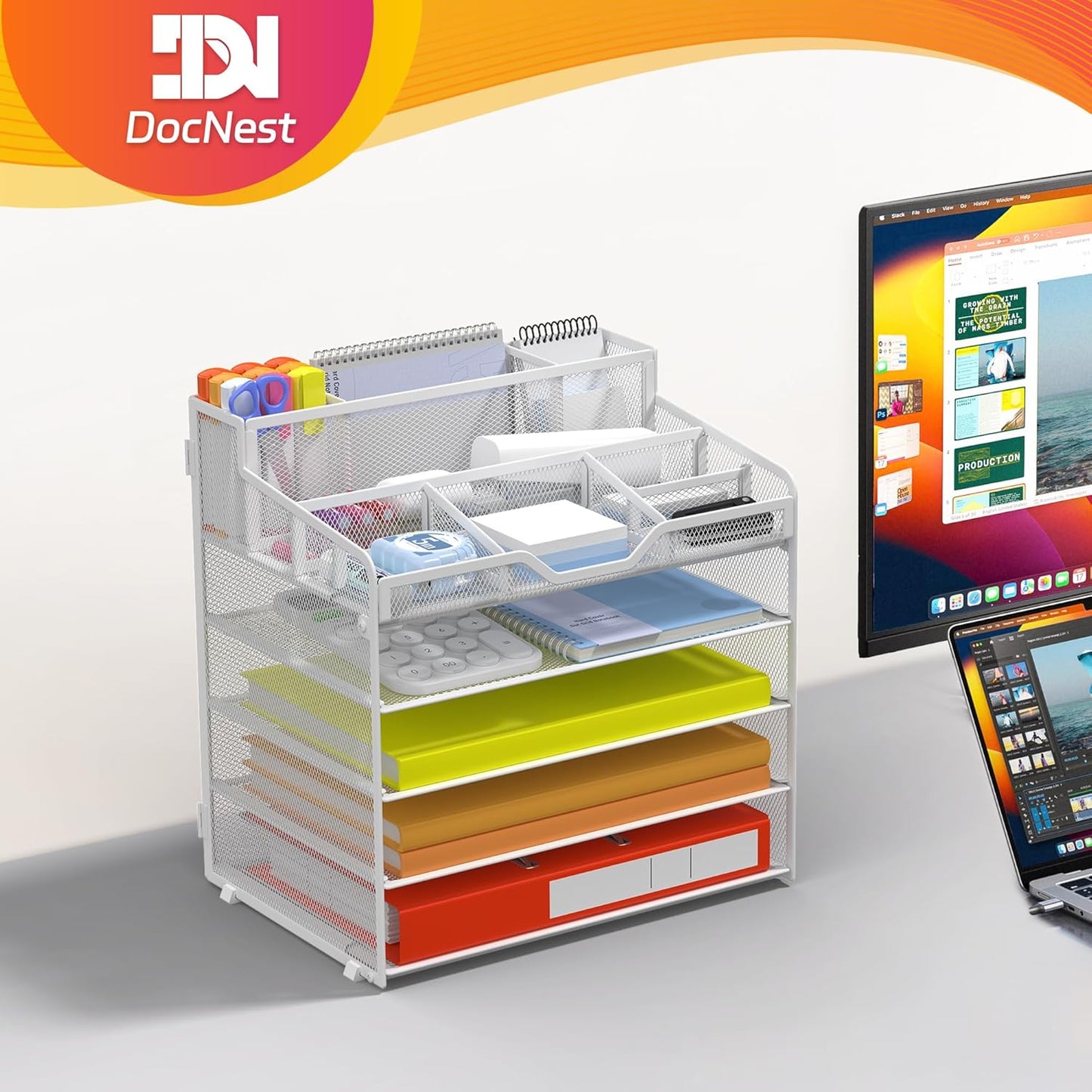 Docnest 5 Tier Mesh Desk Organizer for Paper Office Supplies – Multi-Functional Letter Tray with 5 Adjustable Compartments, 3 Pen Holders, Desktop Storage for Files, Mail, Stationery – White