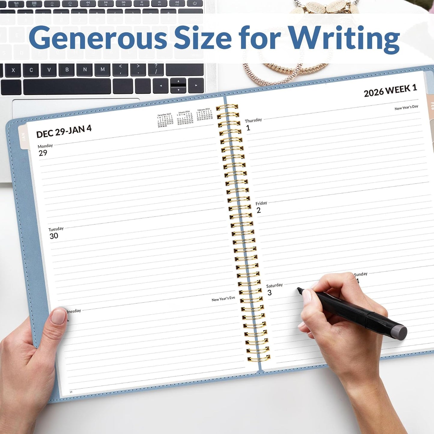 SUNEE 2026 Weekly & Monthly Planner 9"x11.2"- 12 Month (January 2026 - December 2027), Vegan Leather Cover, Pocket, Bookmark, Notes, Monthly Tab, Gay Blue