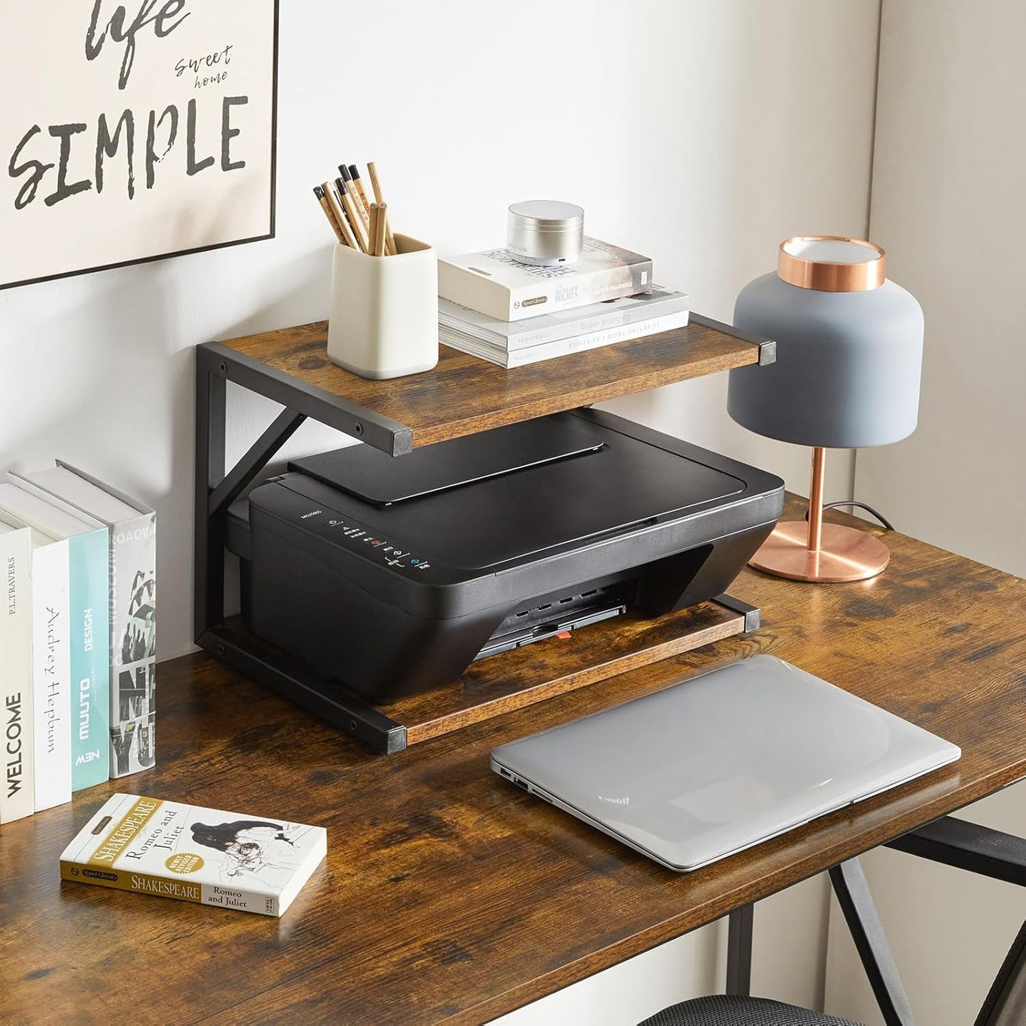 IBUYKE 2-Tier Desktop Printer Stand Holder, Multi-Purpose Desk Organizer Storage Shelf, Book Shelf Printer Shelf for Fax Machine, Scanner, Files, Books, Rustic Brown UTLJ004H