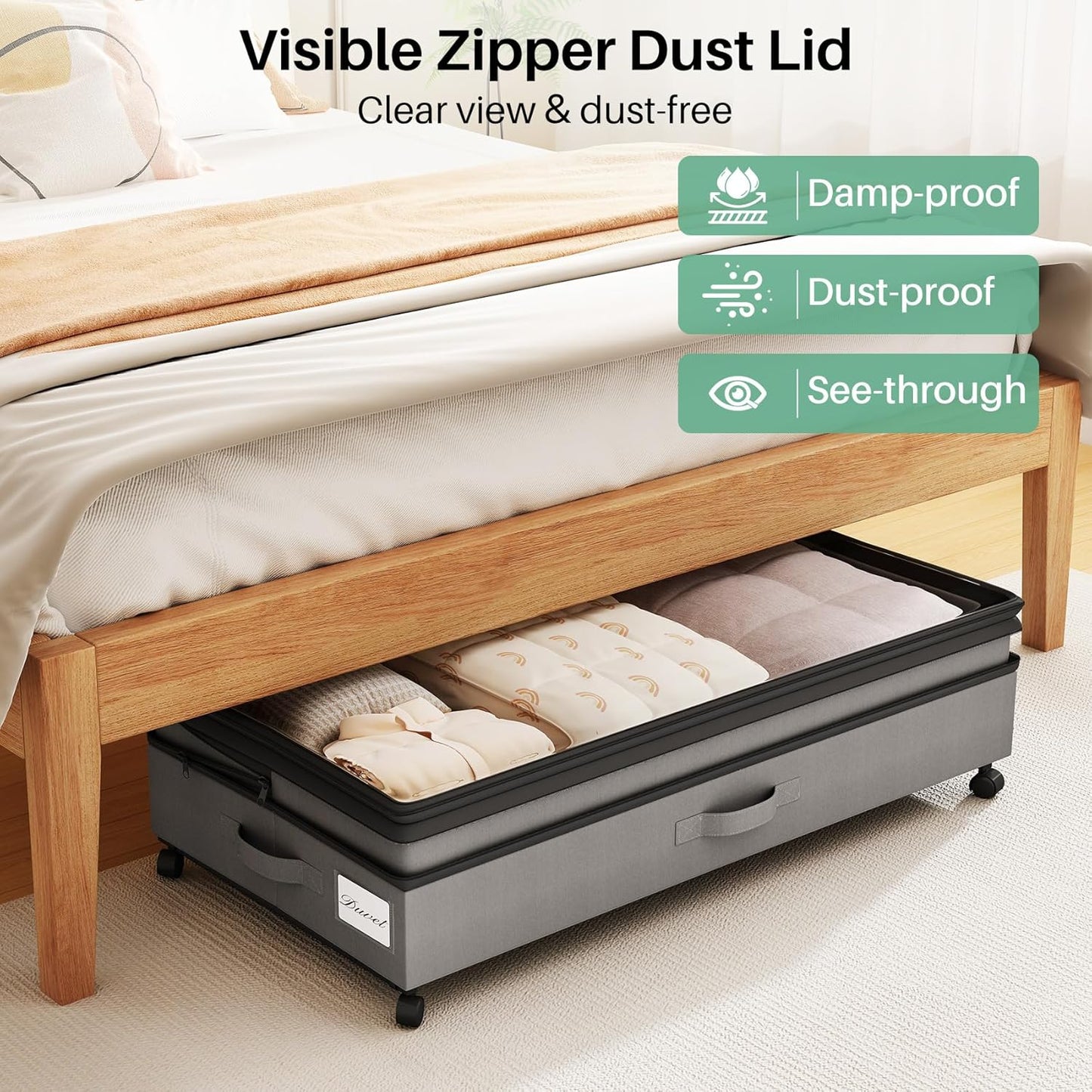 Kitstorack Under Bed Storage with Wheels 2Pack Height-adjustable Under Bed Storage Containers,Under Bed Shoe Storage Organizer with Clear Window&Label, Suitable for Clothes Storage, Gray