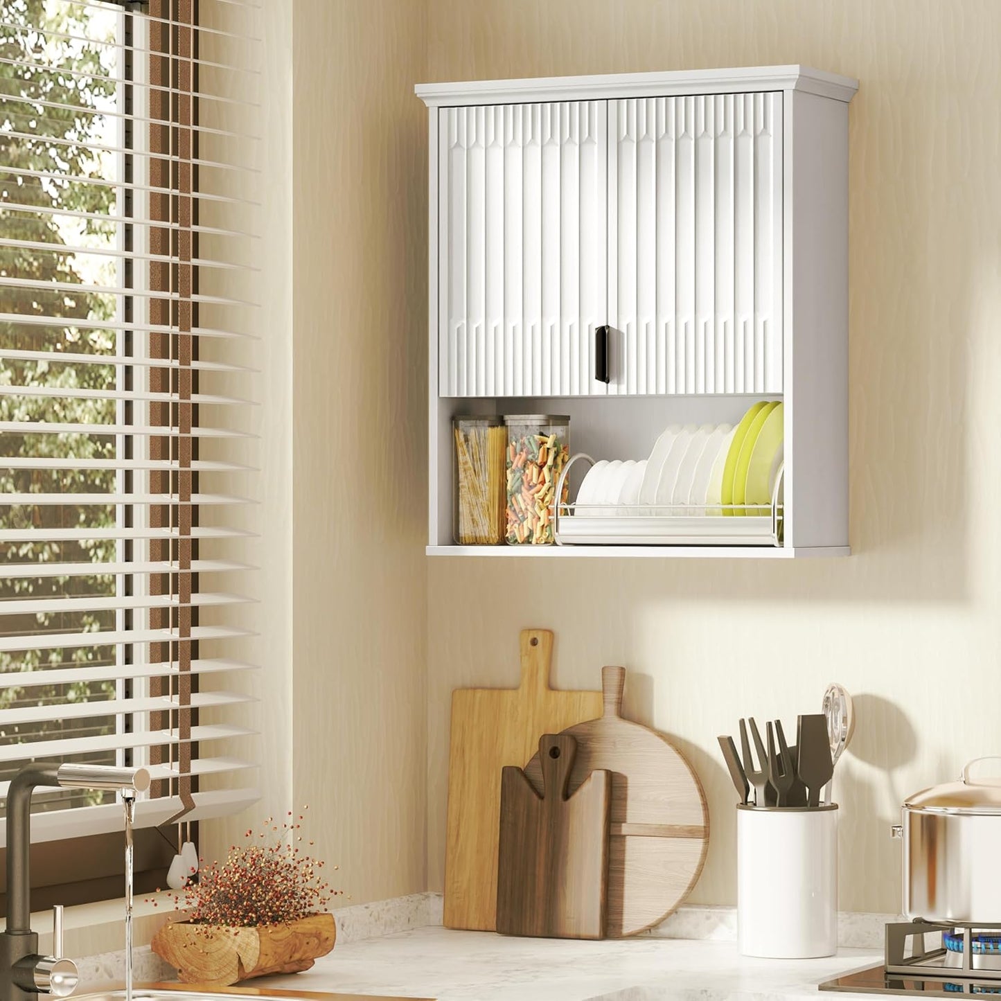 FLOWBACK Wall Mount Bathroom Cabinet, Wooden Medicine Cabinet Storage Organizer with Fluted Doors and Adjustable Shelf, Over The Toilet Space Saver Storage Cabinet (White)