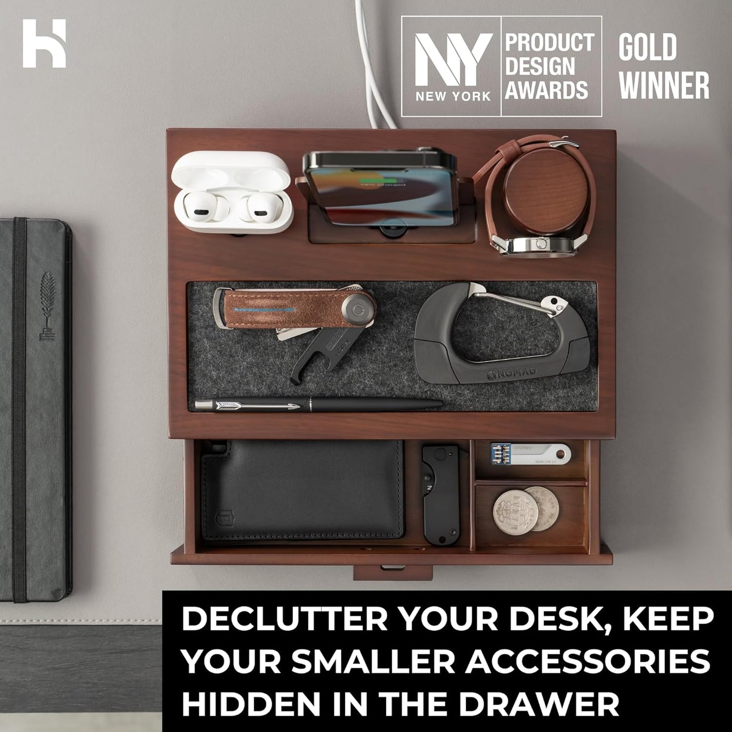 Holme & Hadfield Premium Wooden Phone Docking Station with Drawer – Nightstand Organizer for Charging Phone & Earbuds – Declutter Your Space with Felt-Lined Protection & Watch Pillar - Gift For Men