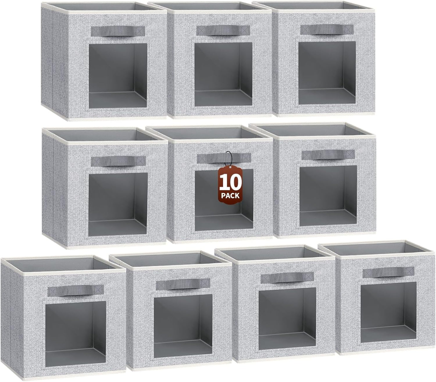 Foldable Storage Cubes - Cubby Storage Organizer with Window, Decorative Baskets for Organizing, 11 Inch Fabric Cube Shelf Bins, Set of 10, Light Gray