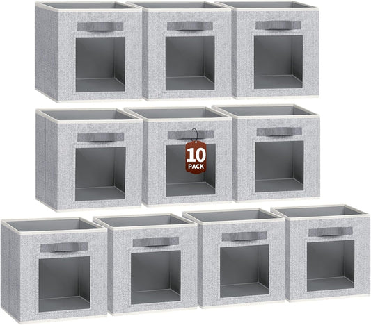 Foldable Storage Cubes - Cubby Storage Organizer with Window, Decorative Baskets for Organizing, 11 Inch Fabric Cube Shelf Bins, Set of 10, Light Gray