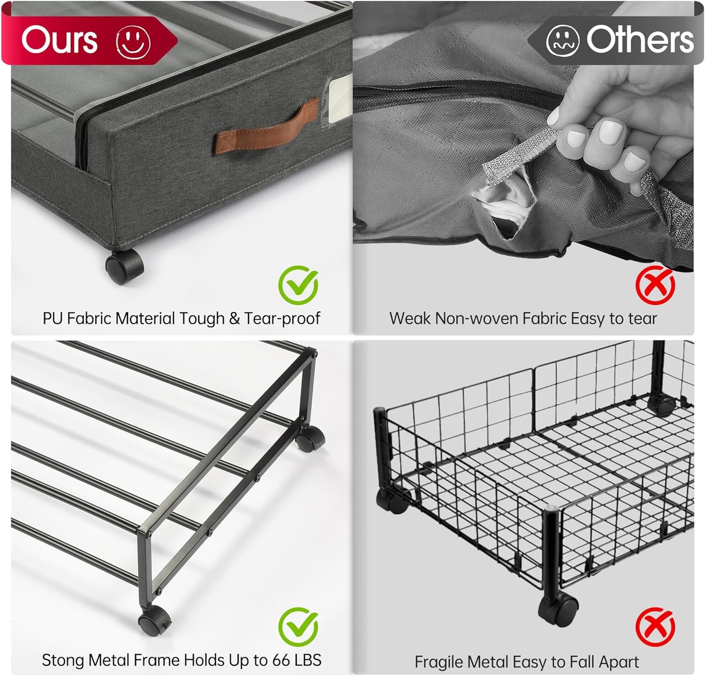 Yecaye Under Bed Storage with Wheels, 4 Pack 60L Under Bed Rolling Storage with Clear Window & Label, Underbed Storage Containers, Rolling Under Bed Metal Drawer for Clothes, Shoes, Books