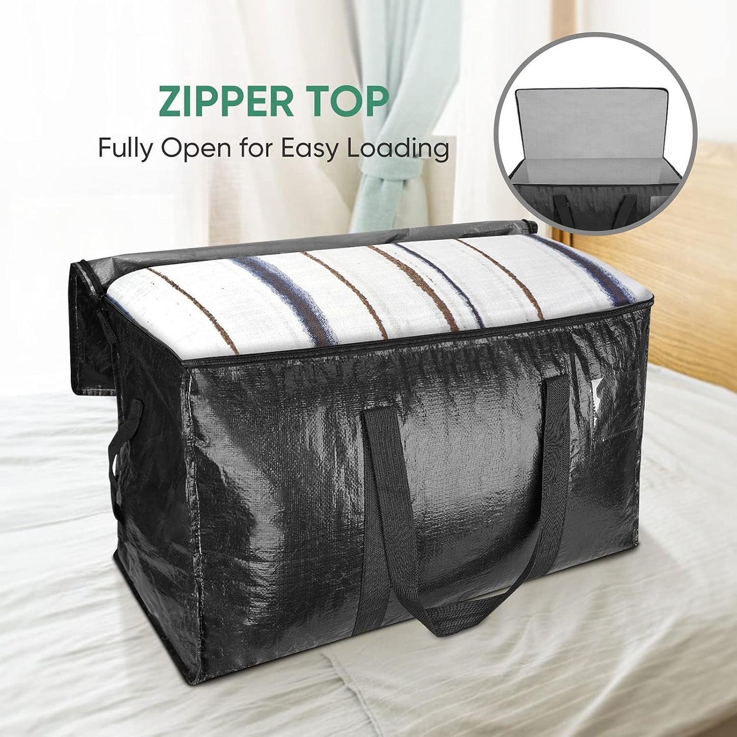 BALEINE 4-Pack Oversized Moving Bags with Reinforced Handles, Heavy-Duty Storage Tote for Clothes, Moving Supplies (Black, 4-Pack)