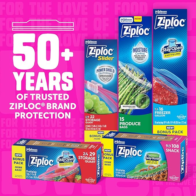 Ziploc Gallon Food Storage Bags, Stand-Up Bottom, Easy to Fill, 162 Count (Packaging May Vary)