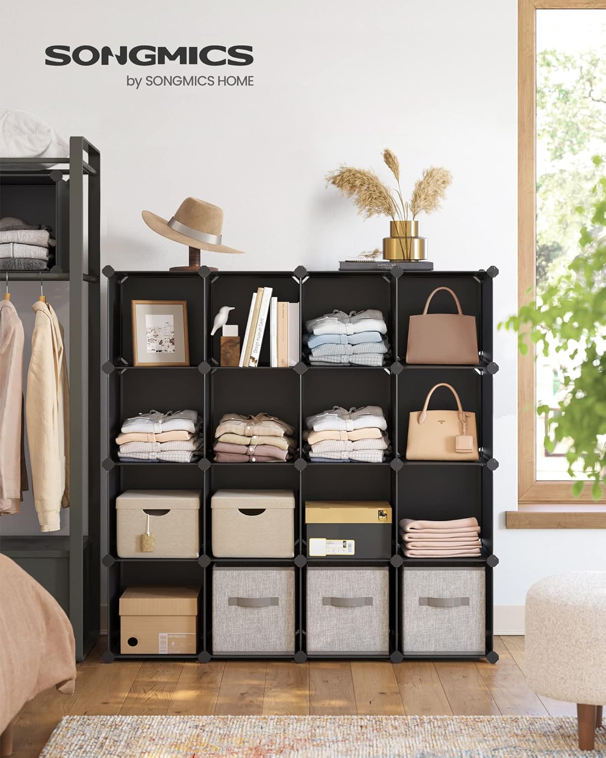 SONGMICS Cube Storage Organizer, Set of 16 Plastic Cubes, Closet Organizers and Storage, Room Organization, Bedroom Living Room, 12.2 x 48.4 x 48.4 Inches, Black ULPC44BK