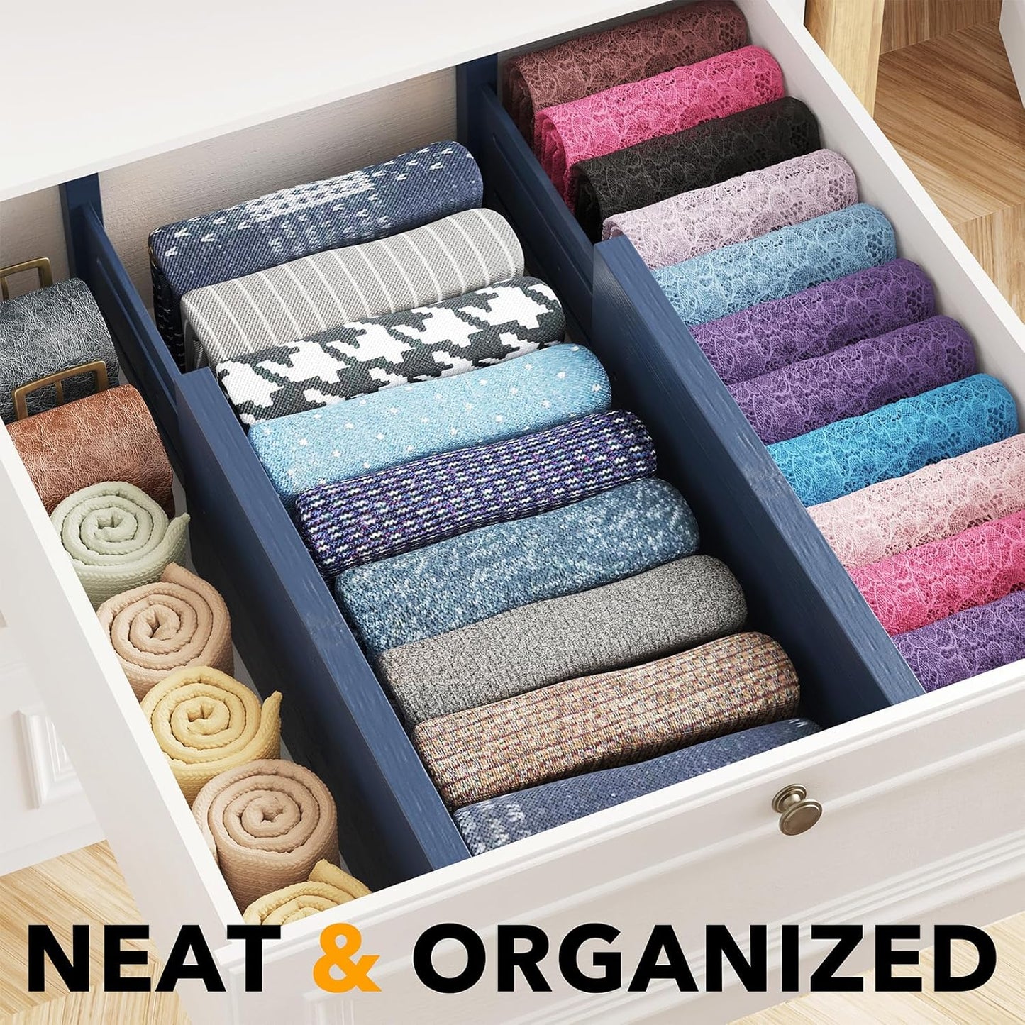 SpaceAid Bamboo 4 Pack Dresser Drawer Dividers, 4.65“ High Adjustable 12.5“-17” Drawer Organizers, Expandable Organization for Clothing, Clothes, Dressers, Navy Blue