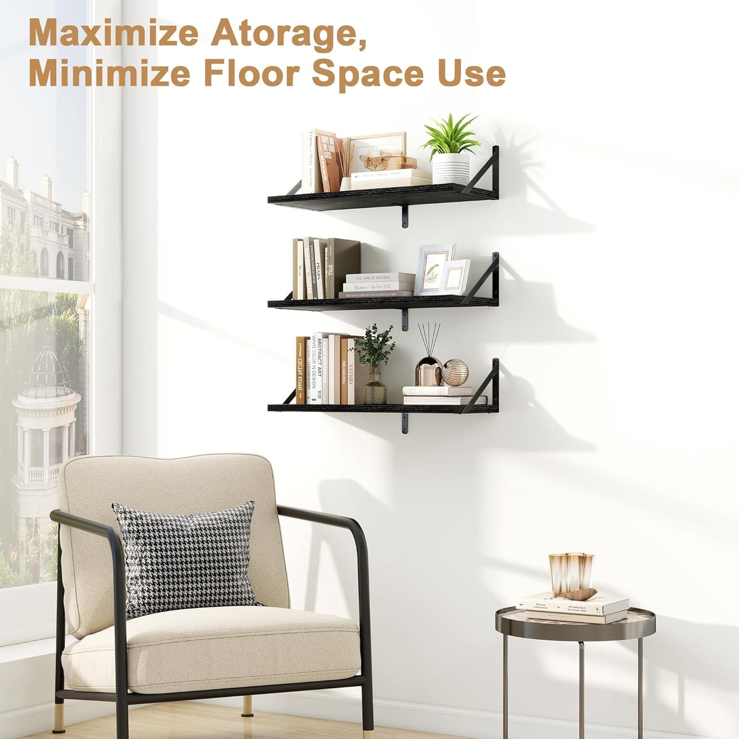 Fun Memories Floating Bookshelves, Set of 3 Wall-Mounted Wood Shelves 24" W x 8" D, Decorative Wall Shelf for Living Room, Bedroom, Bathroom, and Laundry Room (Black)