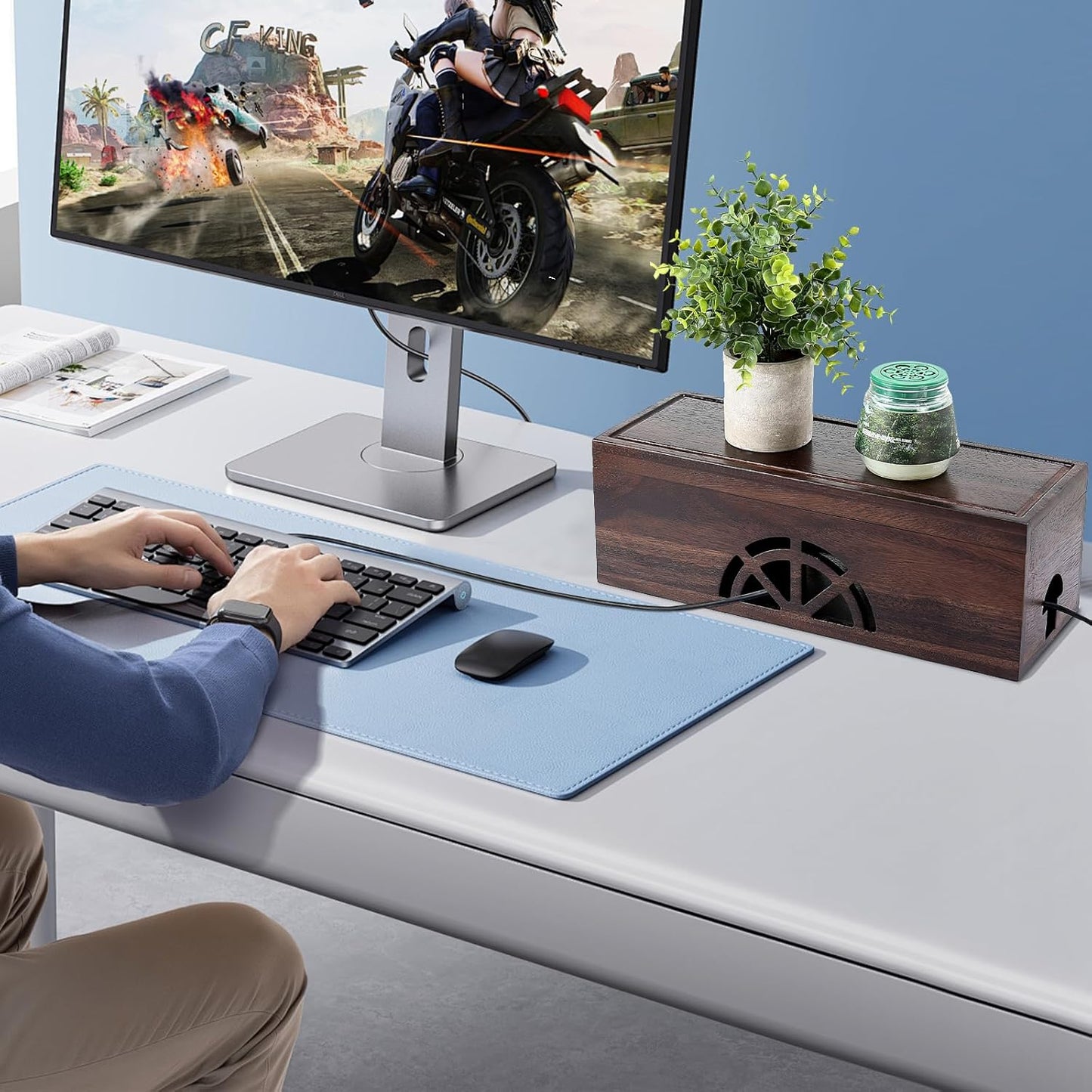 Wood Cable Management Box - 15.8" (L) x 6" (W) 5.5" (H) Walnut Wood Cable Hider Box, Cord Hider with Magnet Design & Outlet Hole, Power Strip Surge Protect & Organizer for Home Office Kitchen TV Wires