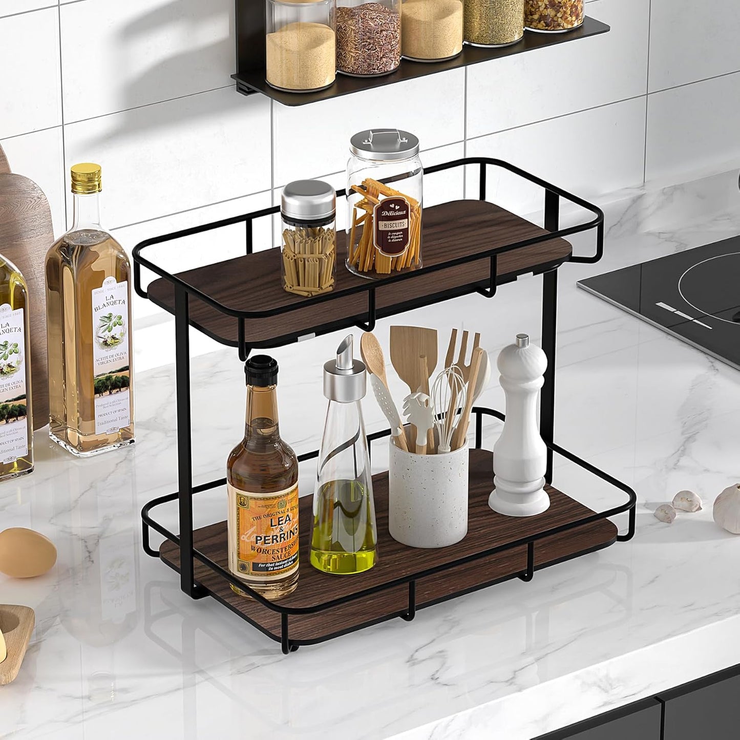 Bathroom Organizer Countertop Perfume Organizer Makeup Organizer Cosmetics Storage Display Rack Vanity Tray Dresser Stainless Steel Gold Shelf White Marble Ceramic Tray (2 Tier L-Black Wood)