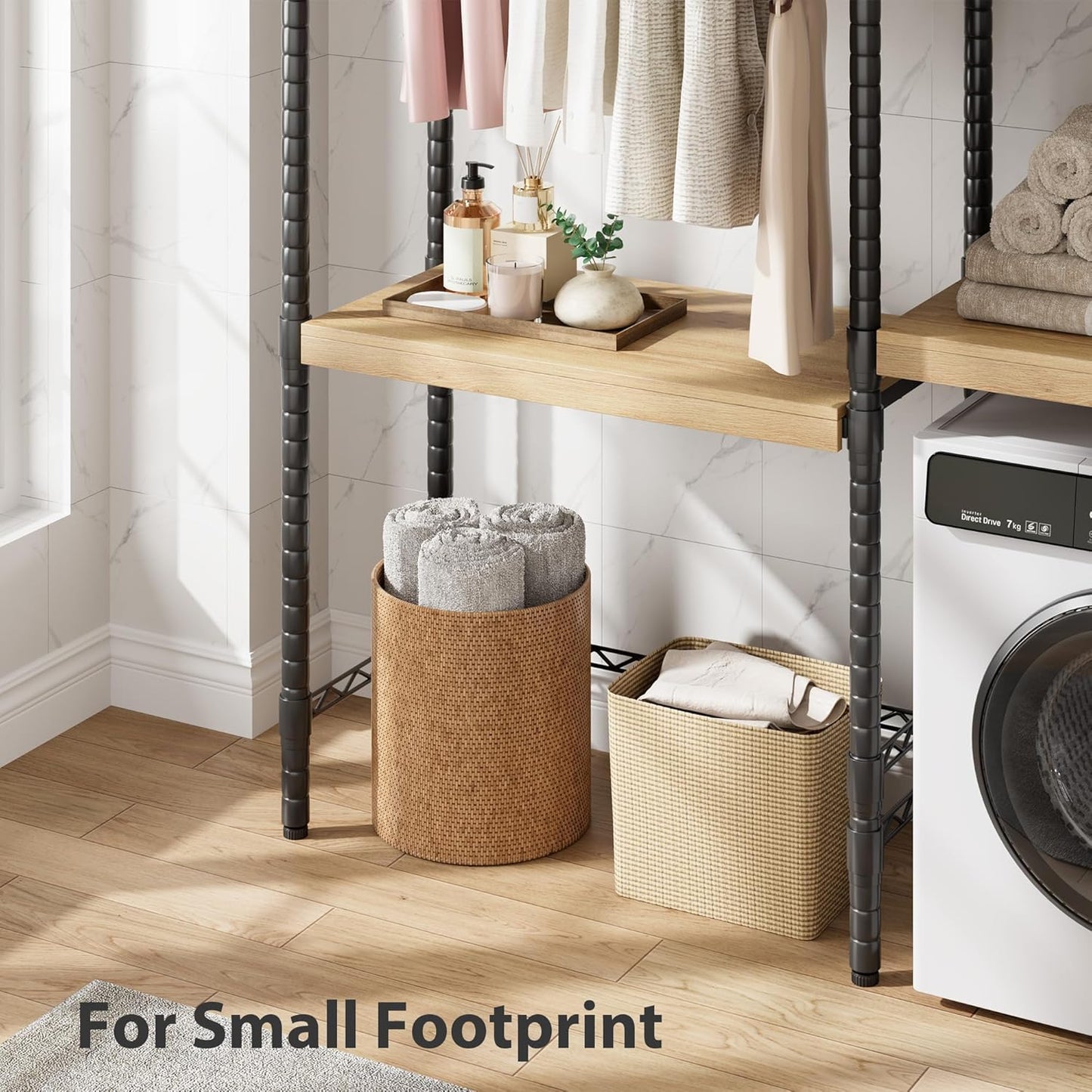 30 in 5-Tier Over-The-Washer Shelf – Adjustable Height Laundry Organizer with Double-Layer Wood Shelves (100 LB Capacity), Space-Saving Storage for Bathroom, Laundry Room, Balcony (Natural, Black)