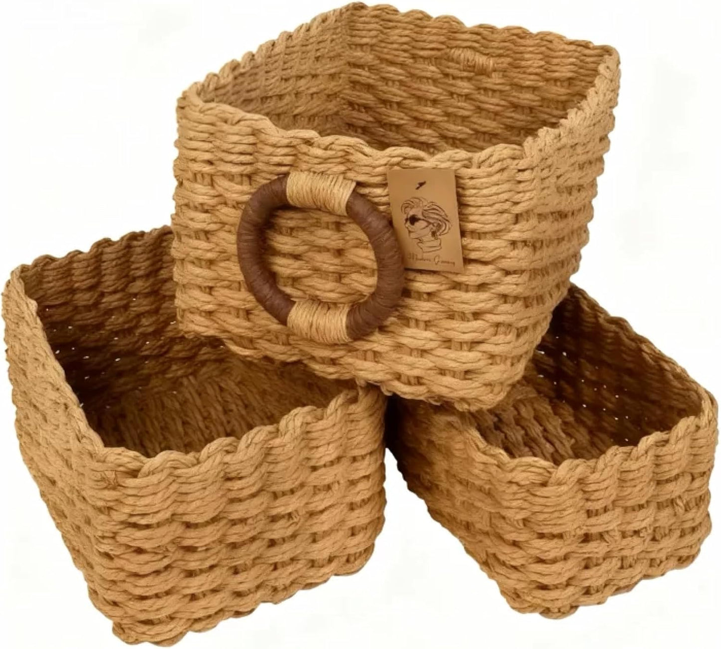 MODERN GRANNY Tight-Weave Recycled Paper Rope Storage Basket Container Bins, Small Wicker Baskets for Organizing, Decorative Basket Organizer Set of 3, Small Basket for Shelves, Bathroom & Drawer