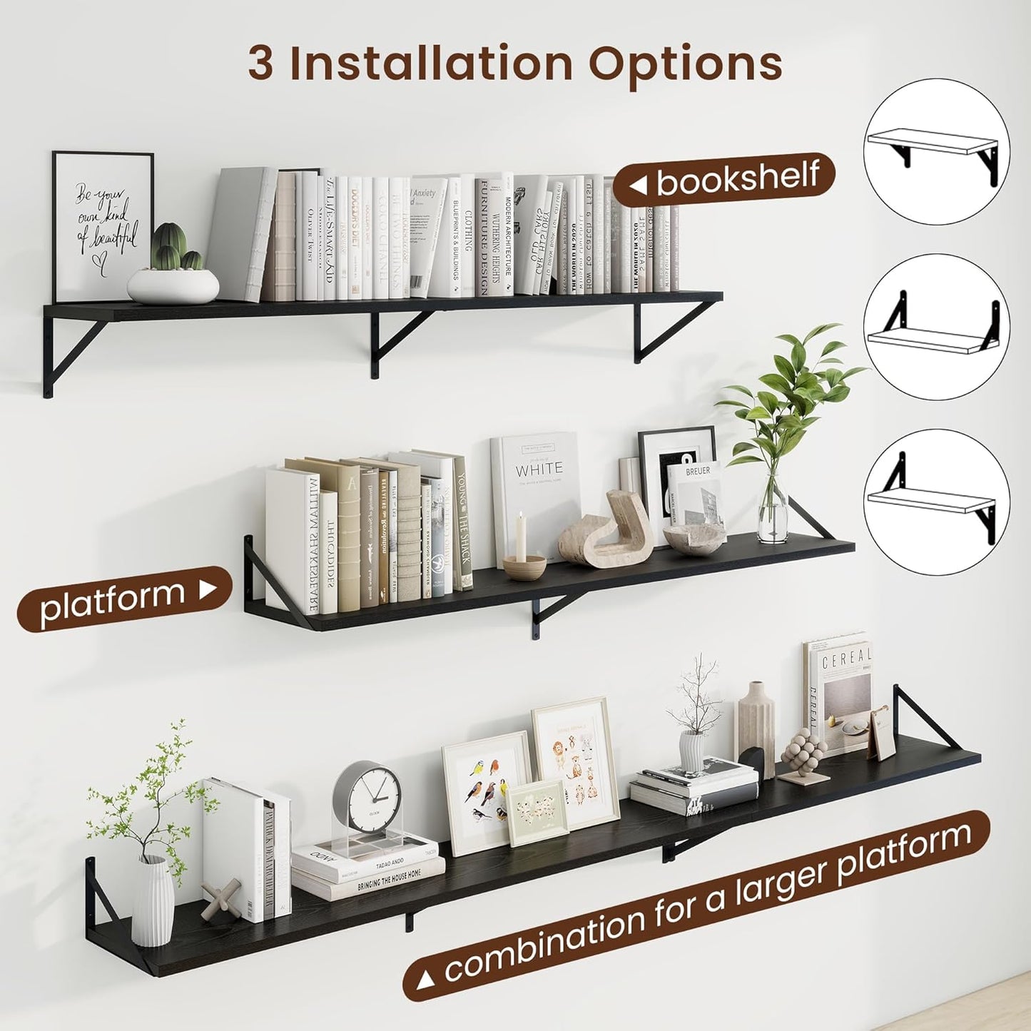 Axeman Deep Floating Shelves for Wall - 55 Inch Wide x 10 Inch Deep Black Floating Shelves Set of 2 - Wide Wall Shelves for Living Room Bathroom Bedroom