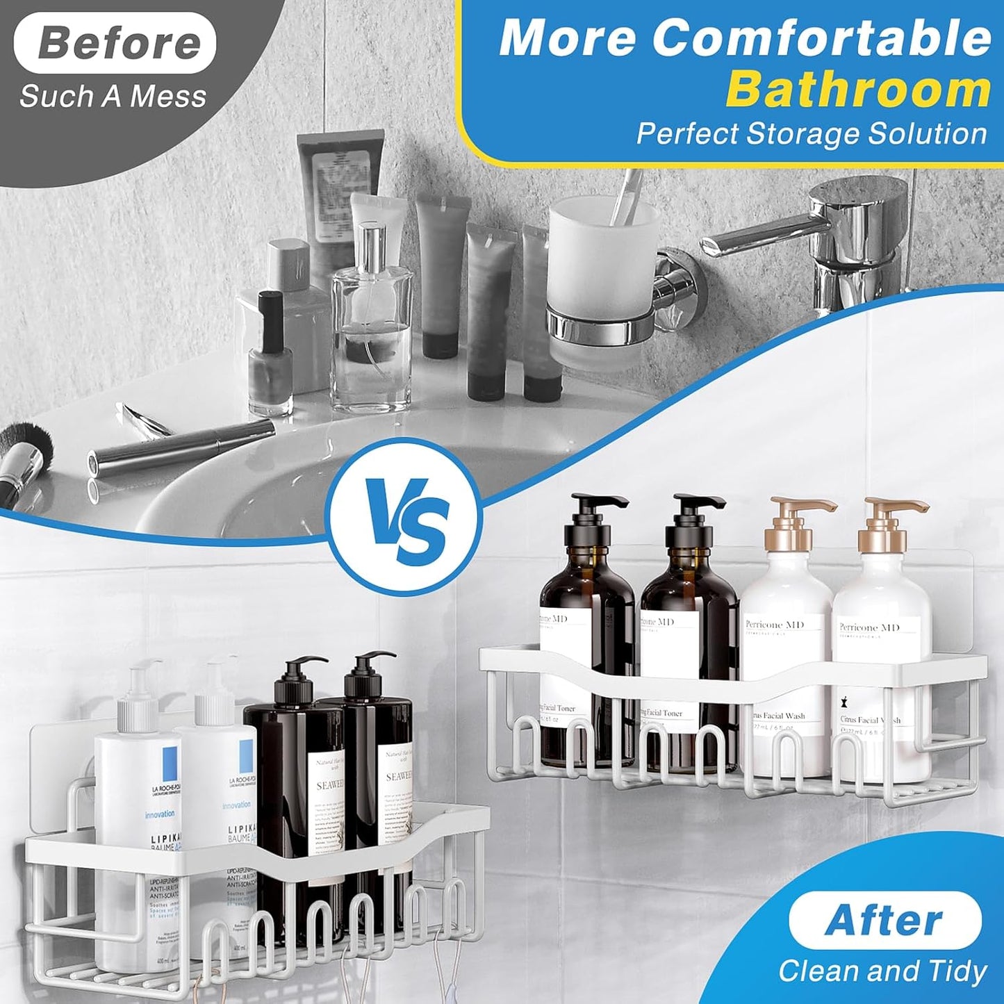 Shower Caddy 2 Pack,Adhesive Shower Organizer for Bathroom Storage&Home Decor&Kitchen organizers and storage,No Drilling,Large Capacity,Rustproof Stainless Steel Bathroom Organizer,Bathroom Decor Sets