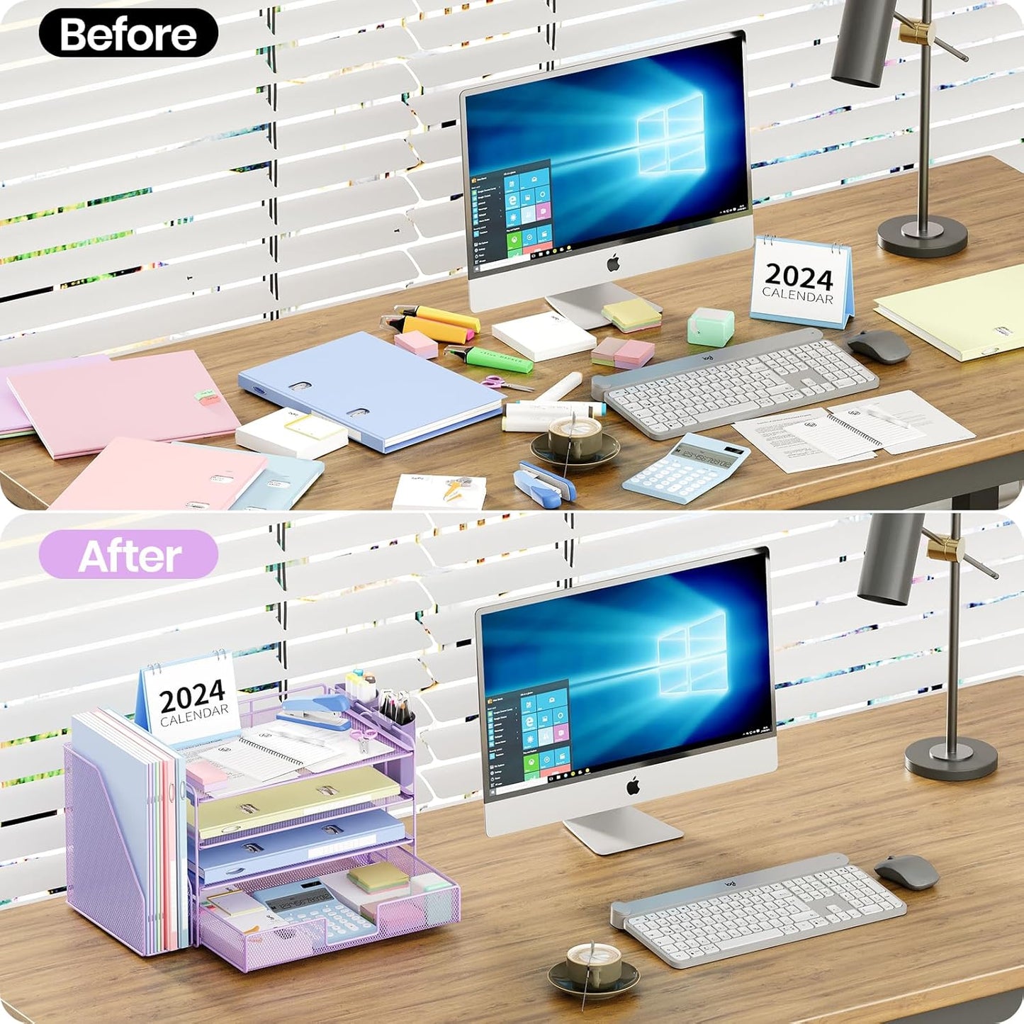 Desk Organizer and Accessories, 4-Tier Desktop File Organizer with Drawer and 2 Pen Holders, Office Desk Accessories, File Sorters, Workspace Organizers for Office Supplies(Purple)