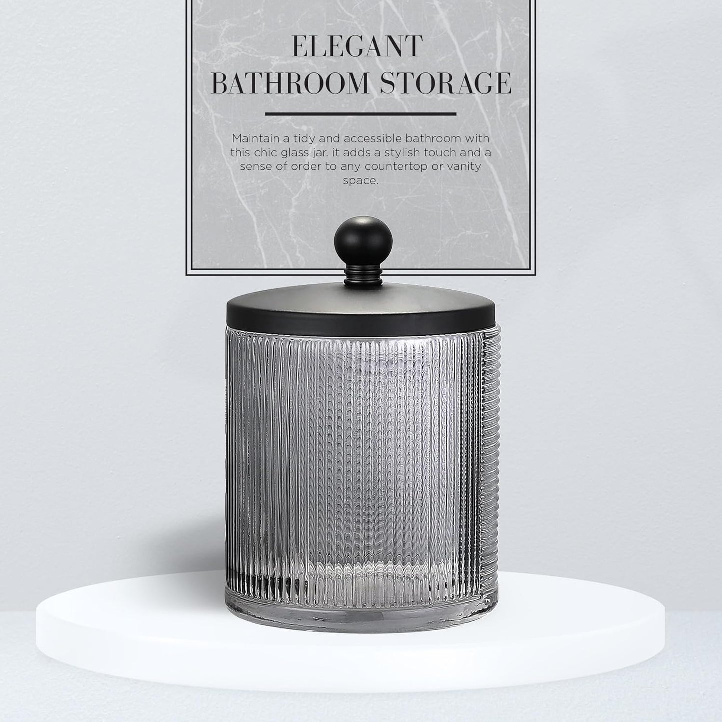 Gray Colored Tranlucent Apothecary Ribbed Geo Etched Glass Jar W/Matte Black Metal Lid Cover for Bathroom Organization, Cotton Balls, Q Tips, and Small Accessories, Bathroom Storage