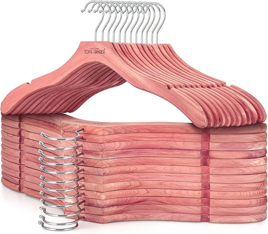 TOPIA HANGER Red Cedar Coat Hangers 24 Pack, Premium Wood Suit Sweater No Shoulder Bump Hangers, 360° Swivel Hook and Cut Notches Clothes Hangers for Sweater, Coat, Shirts, Jackets, Dress, CT85C