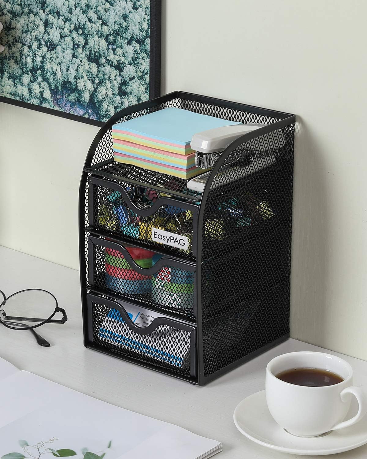 EasyPAG Mesh Desk Organizer with 3 Drawer Office Desktop Organizers and Accessories Stationery Caddy for Office, Home, Students, Black
