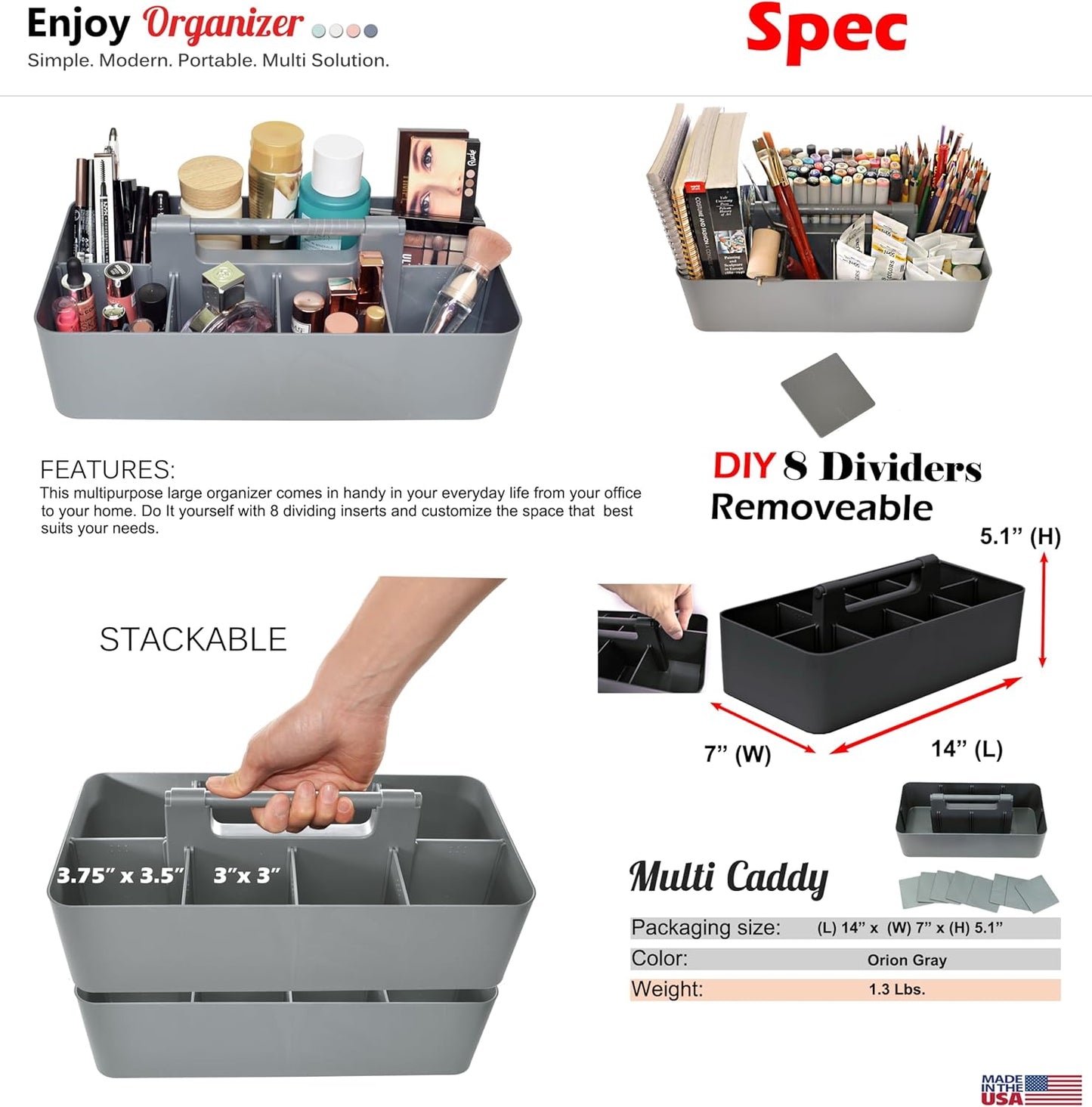 Portable Caddy Organizer -2 Stackable Plastic Caddy with Handle | Desk, Makeup, Dorm Caddy, Classroom Art Organizers (Made In Usa) (Black/Ivory)