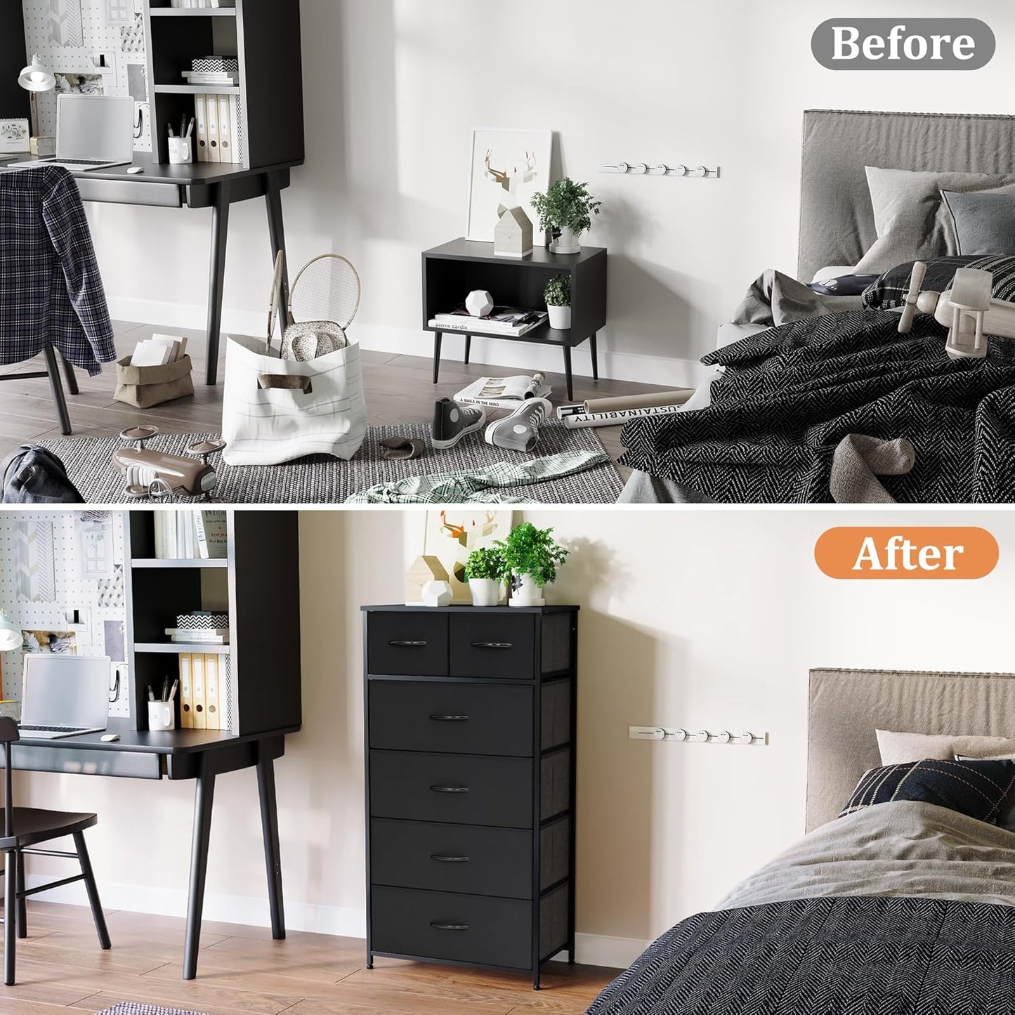 Fabric Dresser for Bedroom, Tall Skinny Dresser with 6 Drawers, Storage Organizer Tower, Steel Frame Wooden Top for Closet, Living Room, Hallway, Nursery(Black)