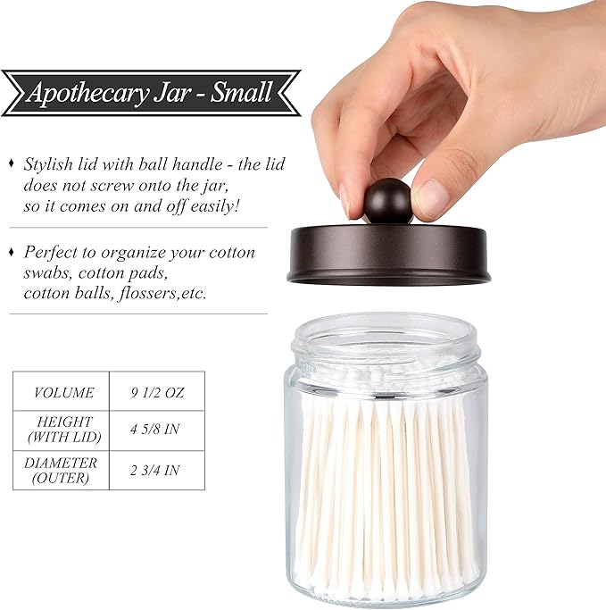 Apothecary Jars 3 Pack - Glass Bathroom Containers with Stainless Steel Lids - Rustic Farmhouse Decor Bathroom Accessories, Vanity Organizer Apothecary Jars for Qtip/Cotton Balls (Bronze)