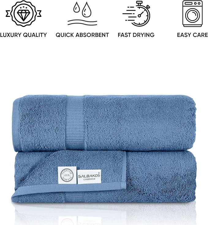 SALBAKOS 100% Turkish Cotton Extra Large Bath Sheet Set of 2 35x70 inch | Heirloom Quality | Hotel & Spa Collection | Soft, Absorbent Oversize Bath Towels | Made in Turkey (Blue, 2 Bath Sheets)