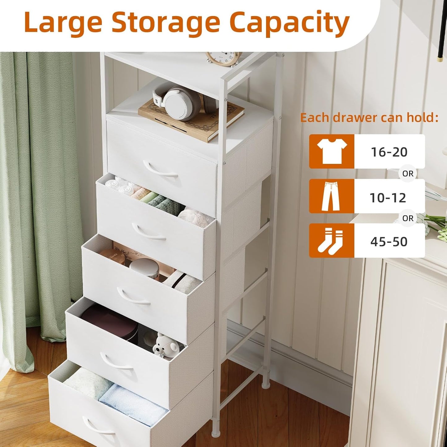 Somdot White Tall Night Stand for Bedroom,Tall 5 Drawers Dresser, Vertical Storage Tower Unit, Nightstand Furniture with Fabric Drawer Organizer in Bedside Kids Dorm Room Closet Laundry Entryway