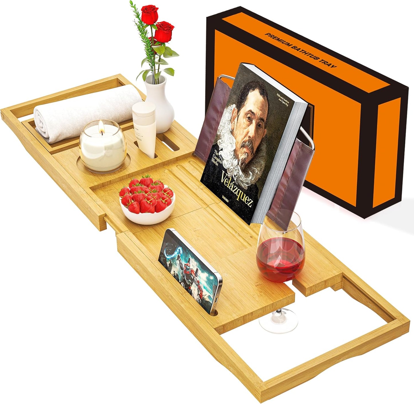 Premium Bathtub Tray Caddy - Bath Tray Expandable - Bath Tub Tray Table for Bathtub, Bamboo Wooden, Fits Most Bath Tubs