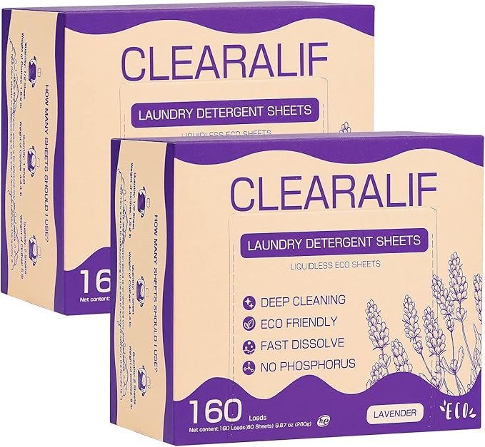 Laundry Detergent Sheets (160 Sheets), Lavender,Up to 320 Loads - Great For Travel,Apartments, Dorms,CLEARALIF Laundry Detergent Strips Eco Friendly & Hypoallergenic (80 Count, Pack of 2)
