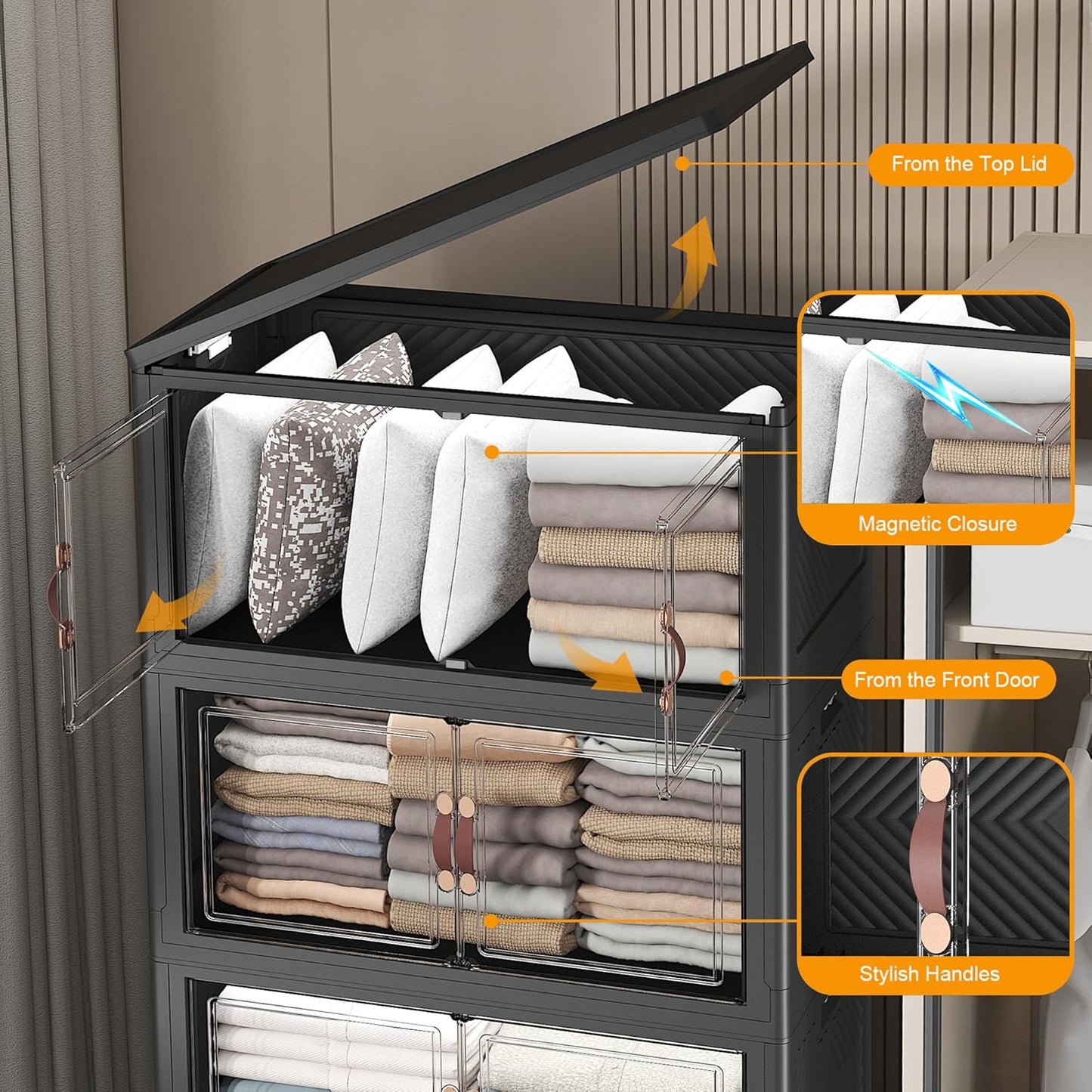 Extra Large Stackable Storage Bins with Lids & Wheels & Door, 672QT-112QT/28GAL*6Pack Foldable Collapsible Closet Organizers, Plastic containers drawers for bedroom Dorm