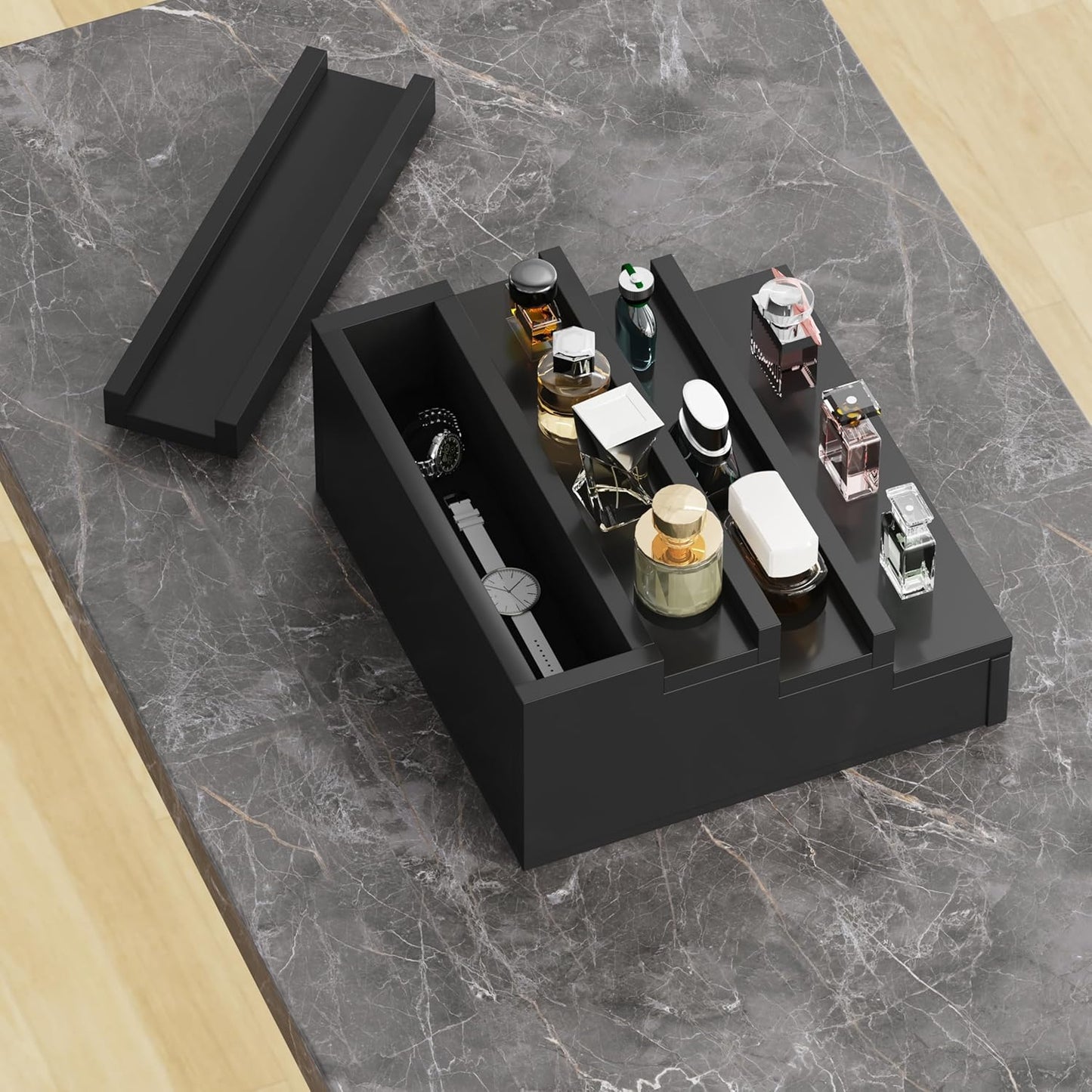 Blisse Cologne/Perfume Organizer, 4-Tier Storage Drawer with Hidden Compartments, Soft-Lined Display Case (Black)