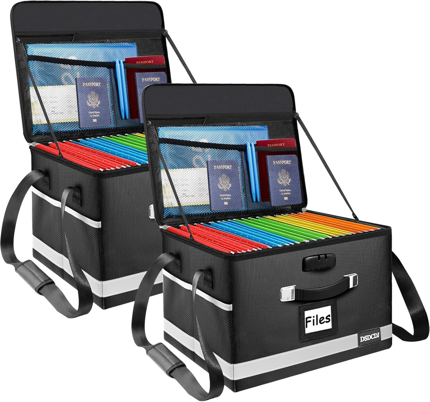 2 Pack Fireproof File Box with Stay-Open Straps, Fireproof Document Box with Lock, Portable File Organizer Filing Cabinet with Handles for Hanging Letter/Legal Folder, 15.5" x 12.3" x 10.5"