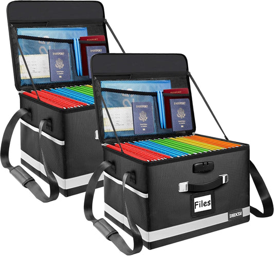 2 Pack Fireproof File Box with Stay-Open Straps, Fireproof Document Box with Lock, Portable File Organizer Filing Cabinet with Handles for Hanging Letter/Legal Folder, 15.5" x 12.3" x 10.5"