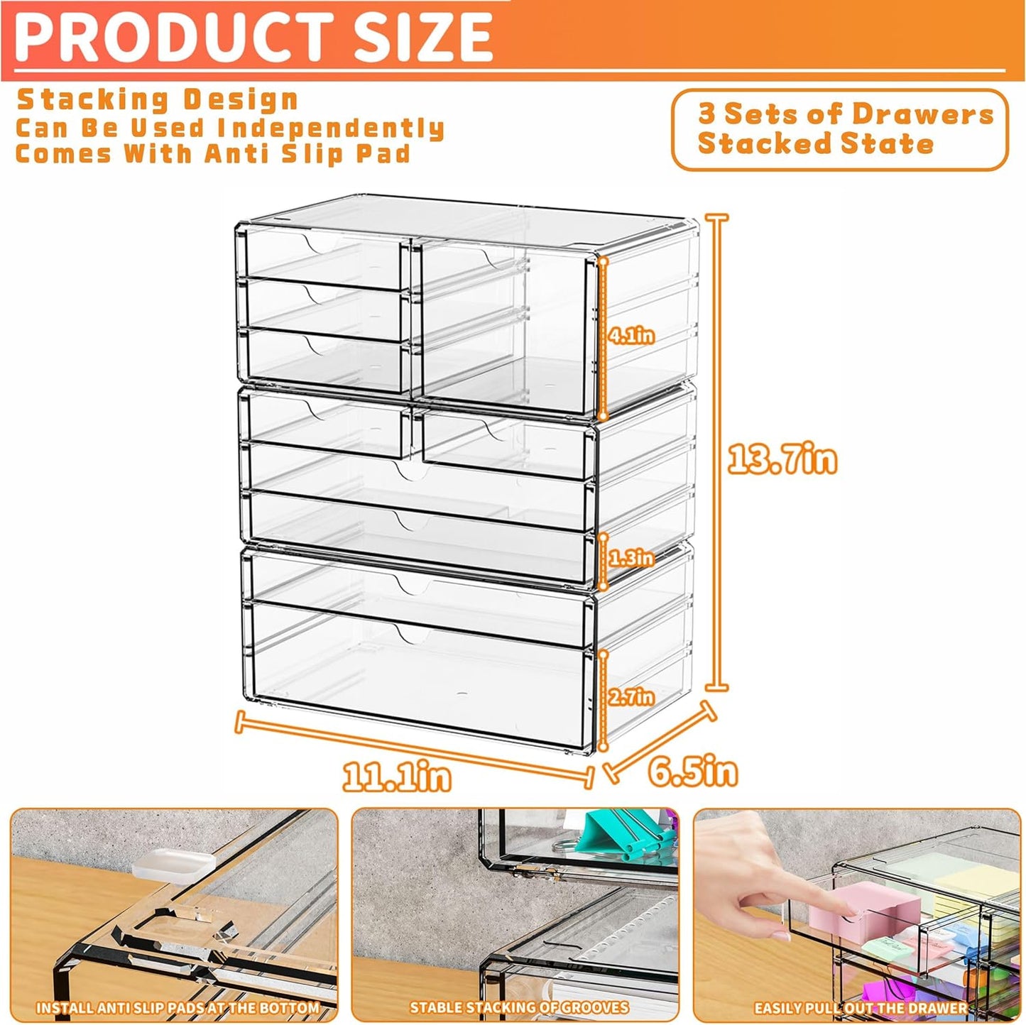 Yieach 3 Pack Clear Storage Drawers With 10 Drawers,Stackable 11.1” Large Acrylic Drawer Organizer and Makeup Organizer For Vanity,Bathroom Countertop,Cabinet,Pantry,Office Supply Storage Bins Drawers
