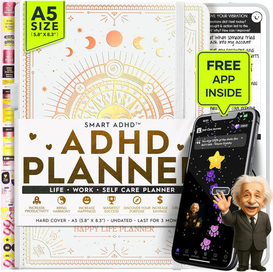 Adhd Daily Planner - A Self Care Personal Gratitude Journal to Increase Productivity and Success in Life & Work, Weekly & Monthly Undated Planner for Women and Men, Vision Board & Organizer + Stickers