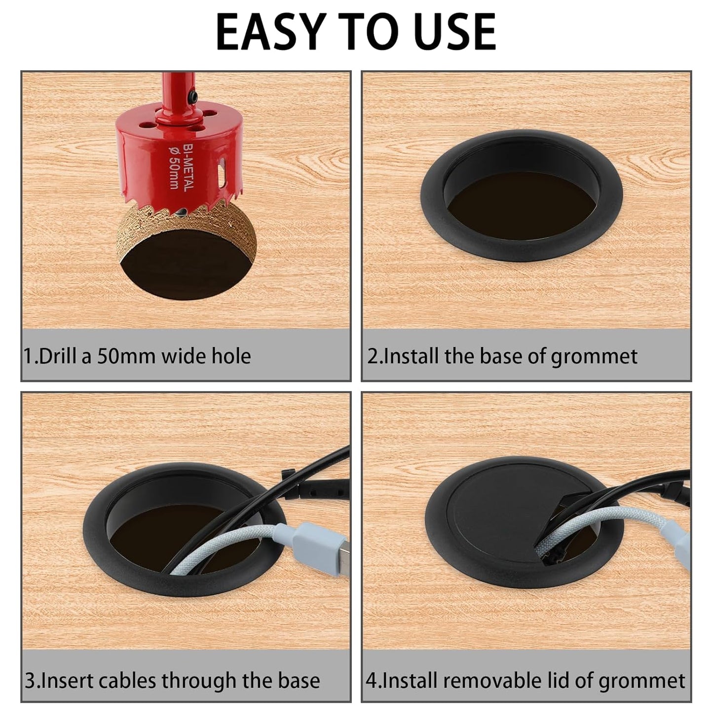 2 Inch(50mm) Desk Grommet,13 Pieces Wire Grommet, Desk Hole Cover for Cables with Hole Saw,Plastic Cable Cord Wire Hole Cover for Desk, Table,Cabinet,Countertop and Other Furniture(Black)