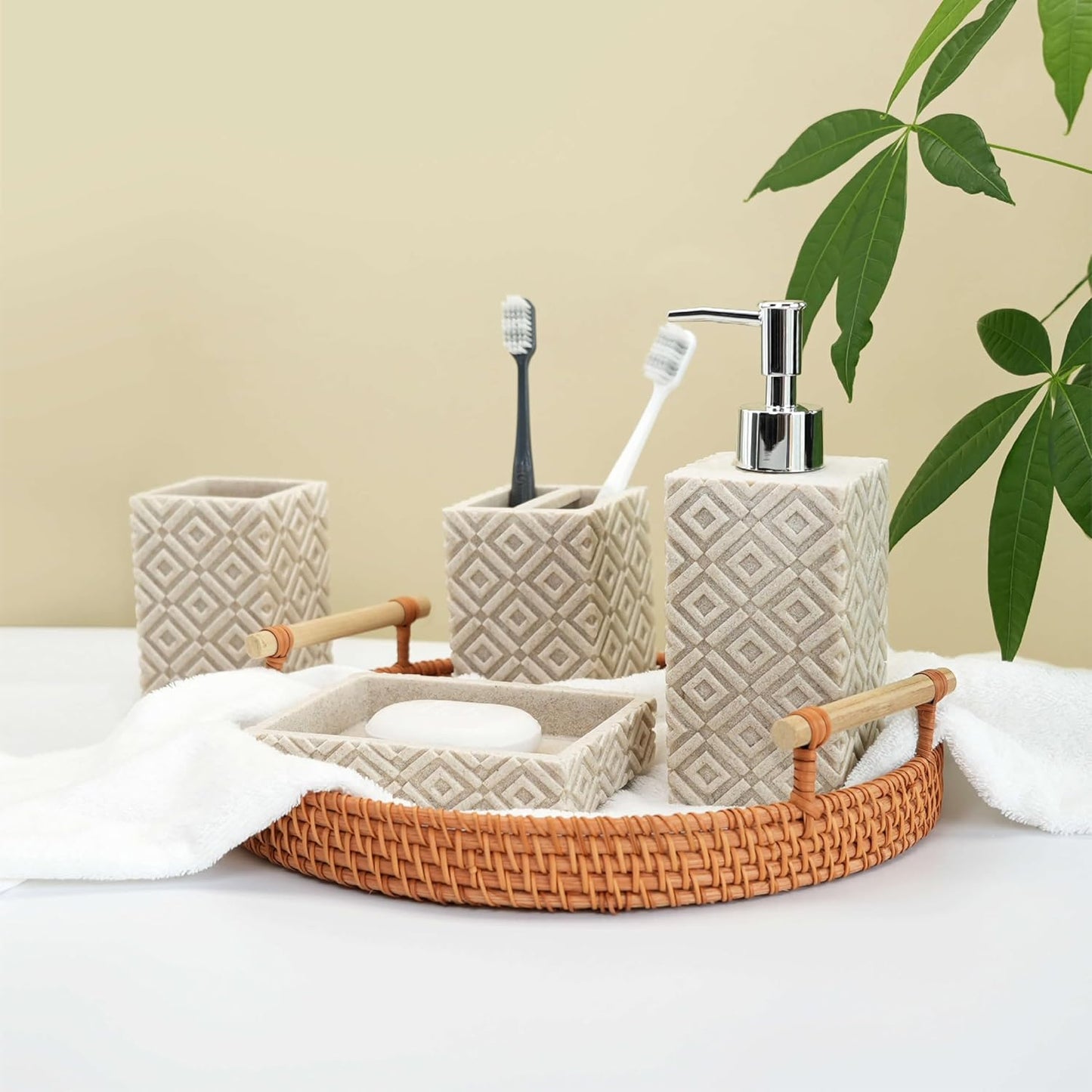 4-Piece Bathroom Accessory Set – Modern Resin & Sandstone Vanity Organizer, Vintage Texture Lotion Dispenser, Toothbrush Holder, Tumbler, Soap Dish (Beige)