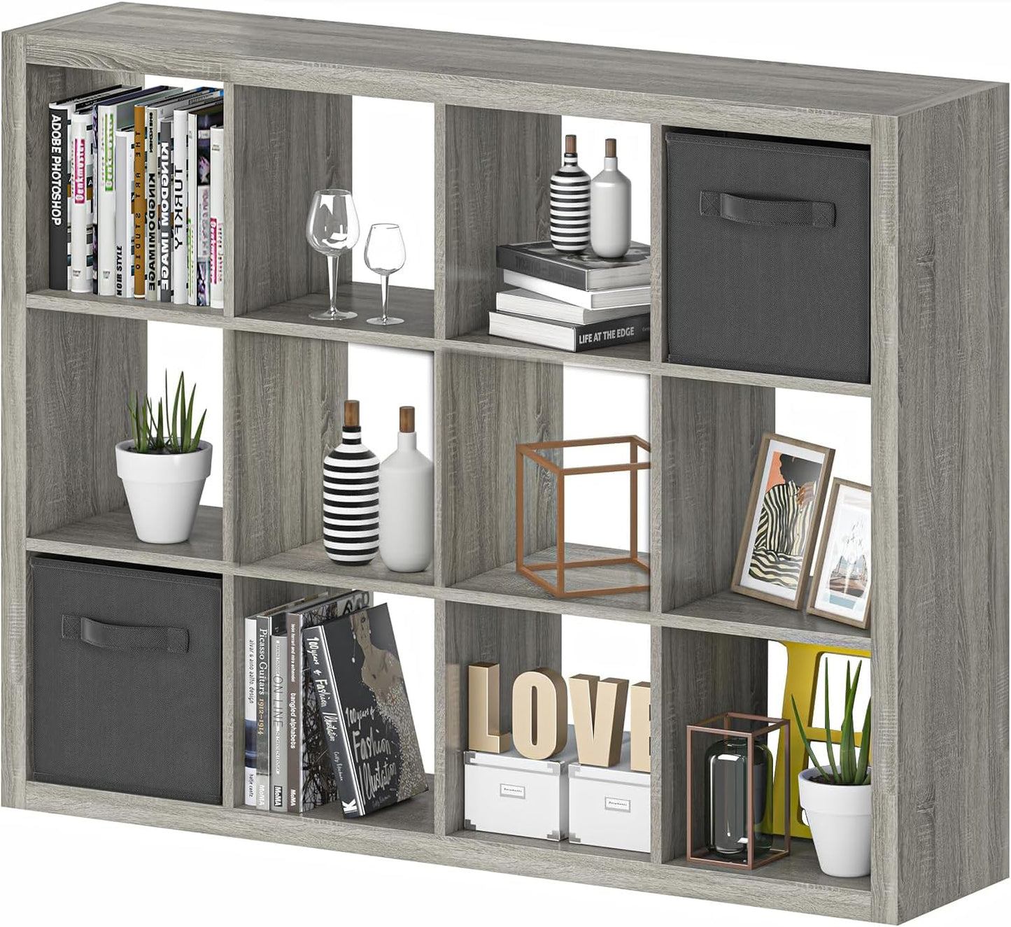 furtble Bookshelf with Storage Bins, 12-Cube Storage Organizer, Modern Wood Open Bookcase, Multifunctional Display Shelf for Living Room, Bedroom, Home Office, Gray Oak