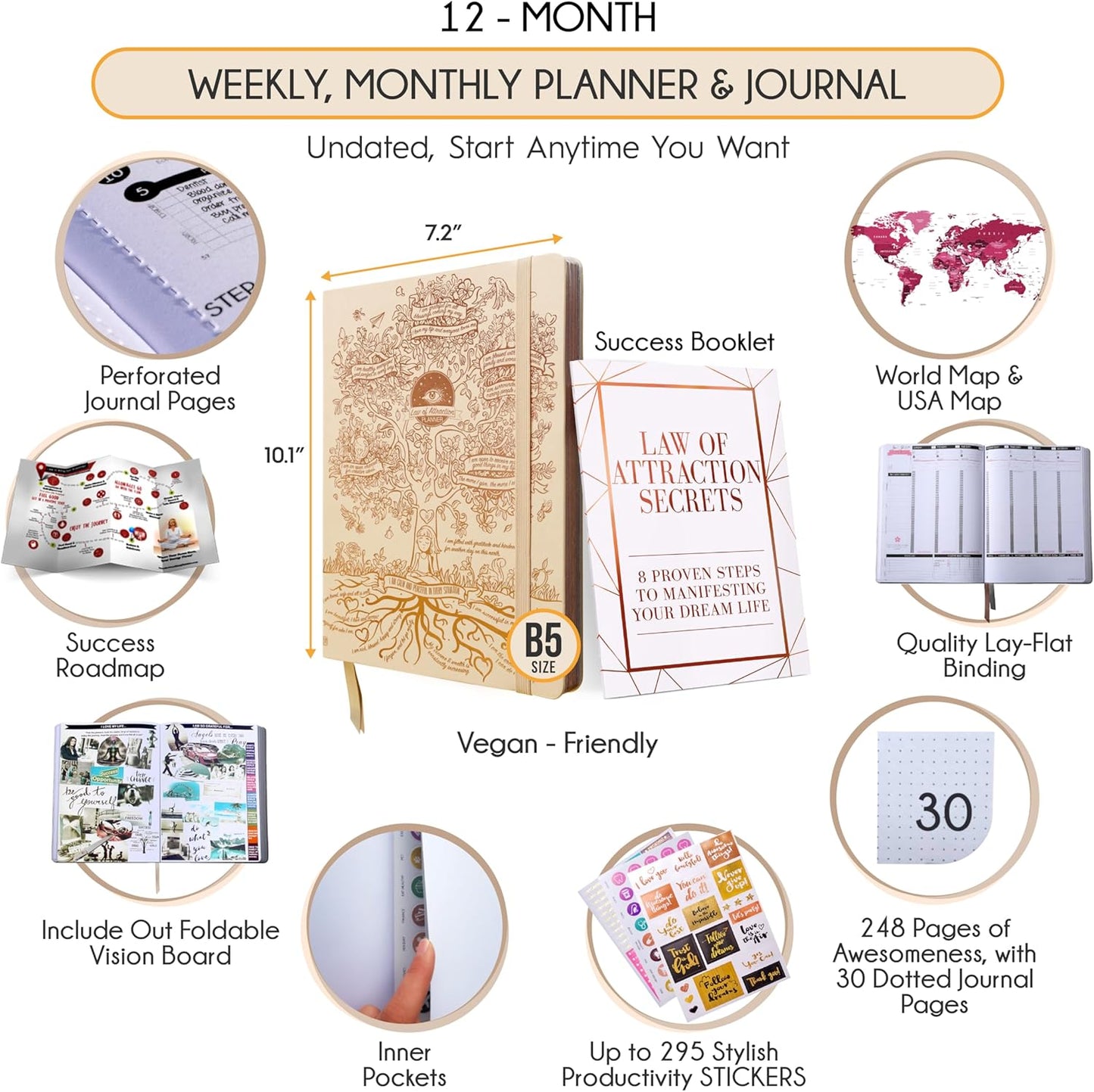 Law of Attraction Planner – Undated Hourly, Weekly & Monthly Goal Setting Planner, 12-Month to Increase Productivity | Life & Gratitude Journal, Include Foldable Vision Board, Gift Box & Stickers