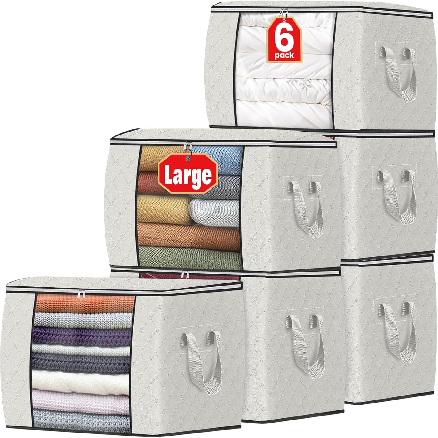 Fab totes 24 Gallons Clothes Storage, Foldable Thick Fabric Blanket Storage Bags, Containers for Organizing Bedroom, Closet, Clothing, Comforter, Organization with Handle (6 Pack,Ivory)