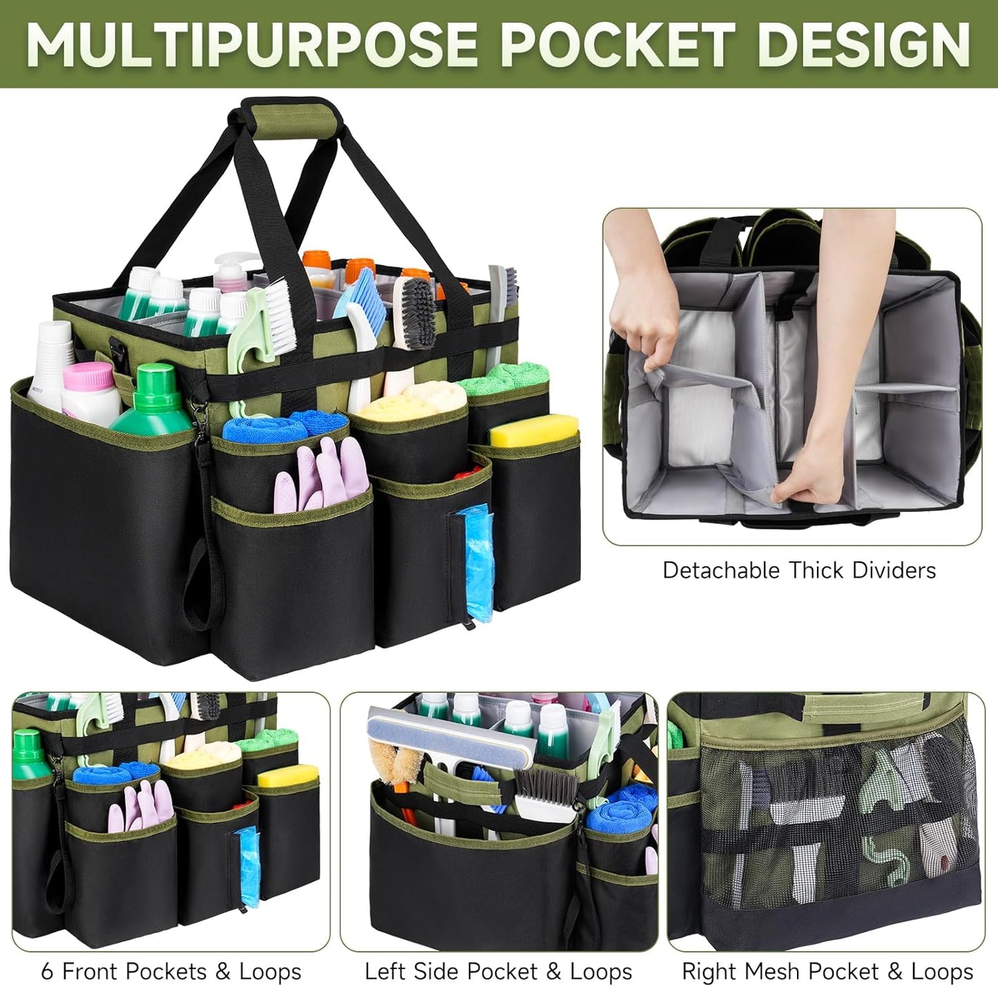 Large Rolling Cleaning Caddy Bag with Detachable Trolley,Cleaning Cart on Wheels with Shoulder Strap,Cleaning Supplies Organizer for Housekeepers,Green