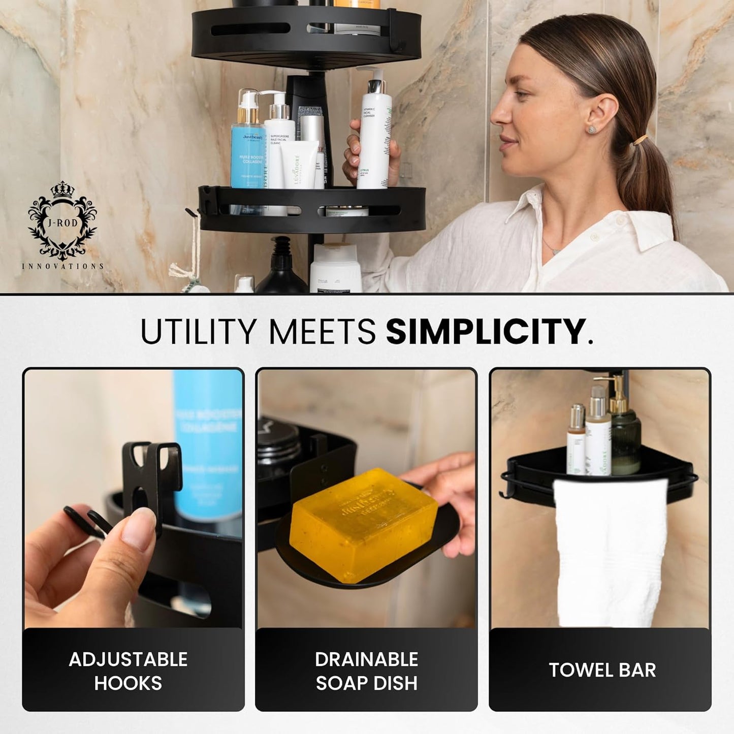 Rustproof Corner Shower Caddy-Tension Pole-LUXURY Model-4 Adjustable Baskets Bath Tub Corner Shower Caddy fits up to 114" ceiling,Bathroom Organizer with Towel Bar, Hooks & Soap Dish (Black)