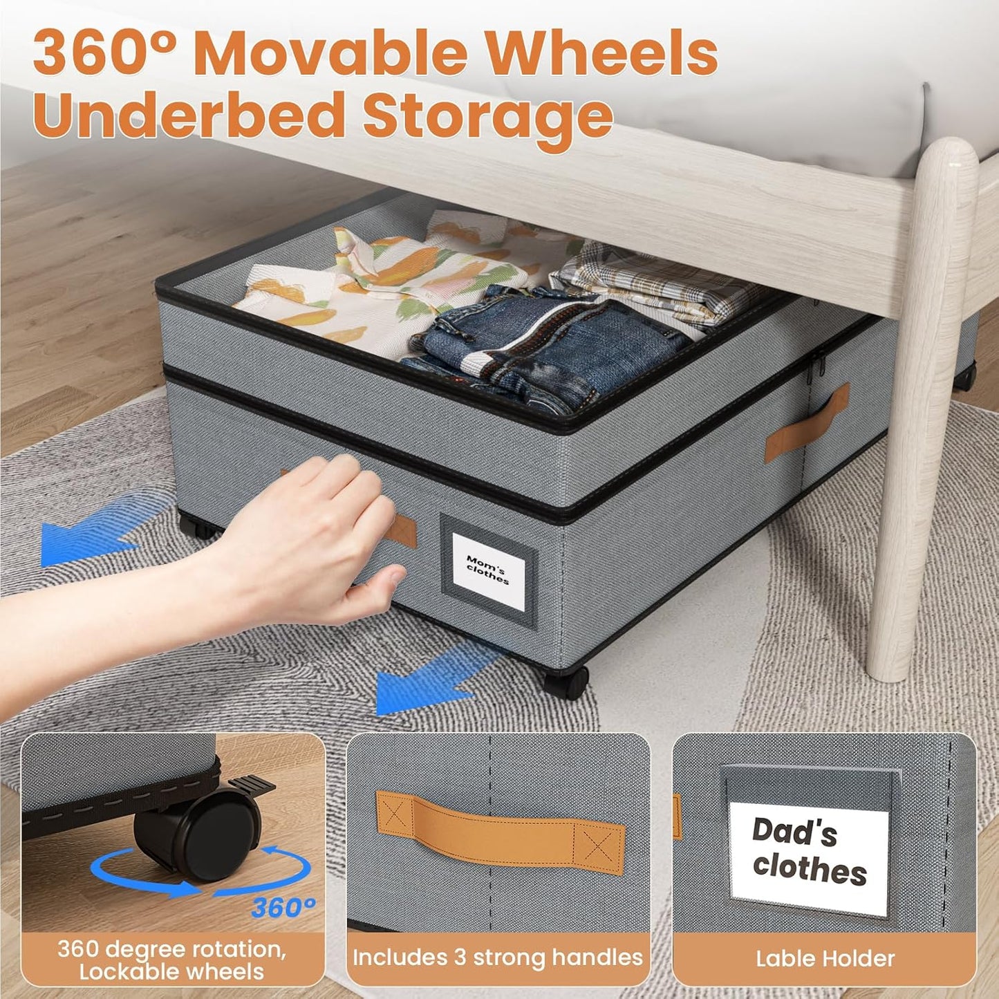Under Bed Storage with Wheels, 72L XXL Under the Bed Storage Containers Large, 11‘’ Tall Adjustable Storage for Underbed with Lids, Rolling for Shoes, Clothes, Blankets, Grey