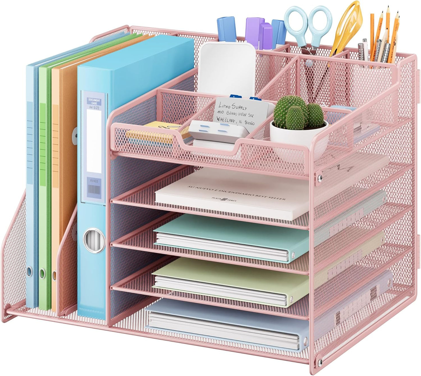 Lavatino 5-Tier Desk Organizer with 2 File Holders, Metal Adjustable Paper Letter Tray for Office or Home Desk Organizers and Accessories | 7 Flexible Dividers Keep Workspace Supplies Neat, Pink
