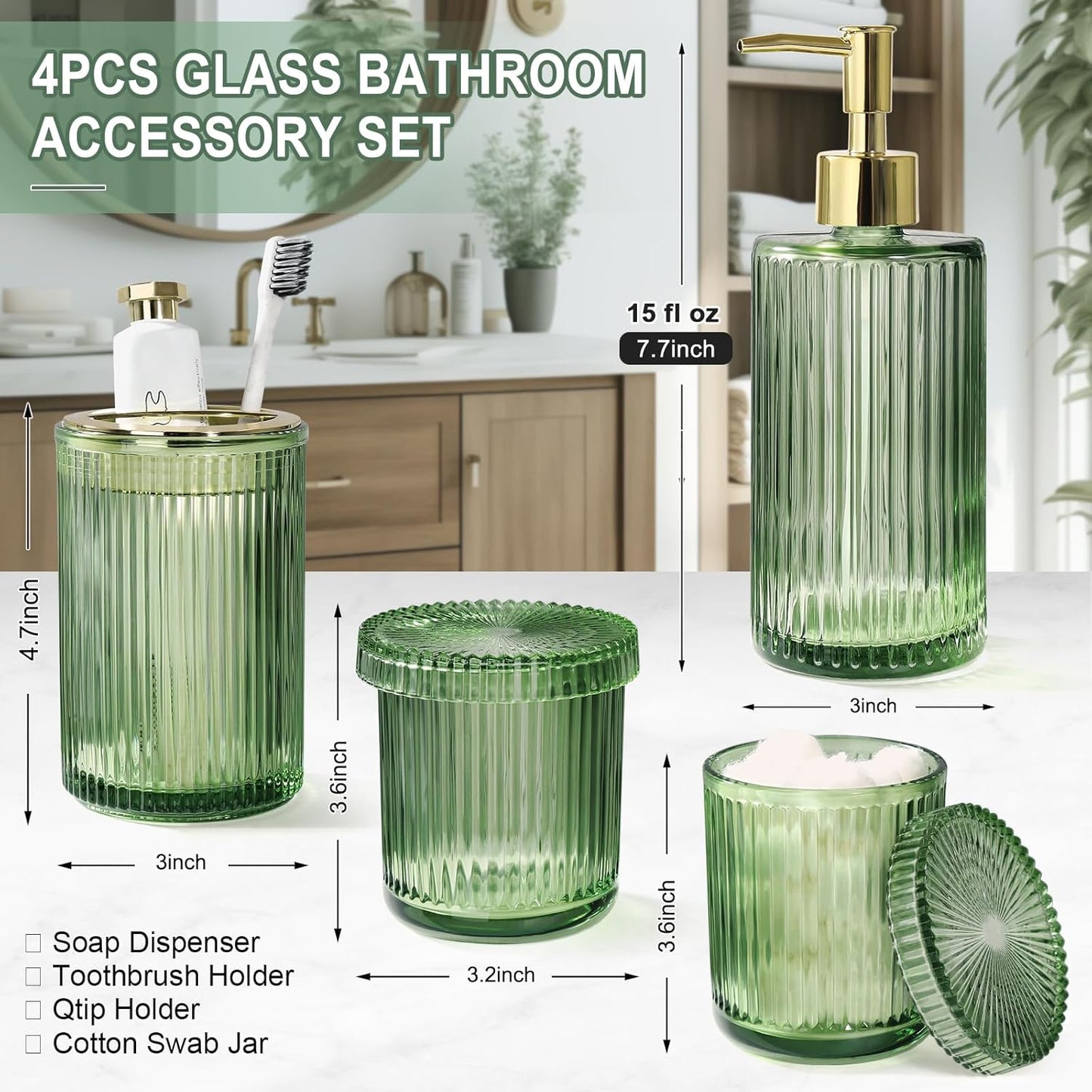 Green Glass Bathroom Accessories 4 Pcs, Green Bathroom Set, Soap Dispenser and Toothbrush Holder Set, Qtip Holder Set, Vintage Bathroom Sink Set, Cute Bathroom Decor