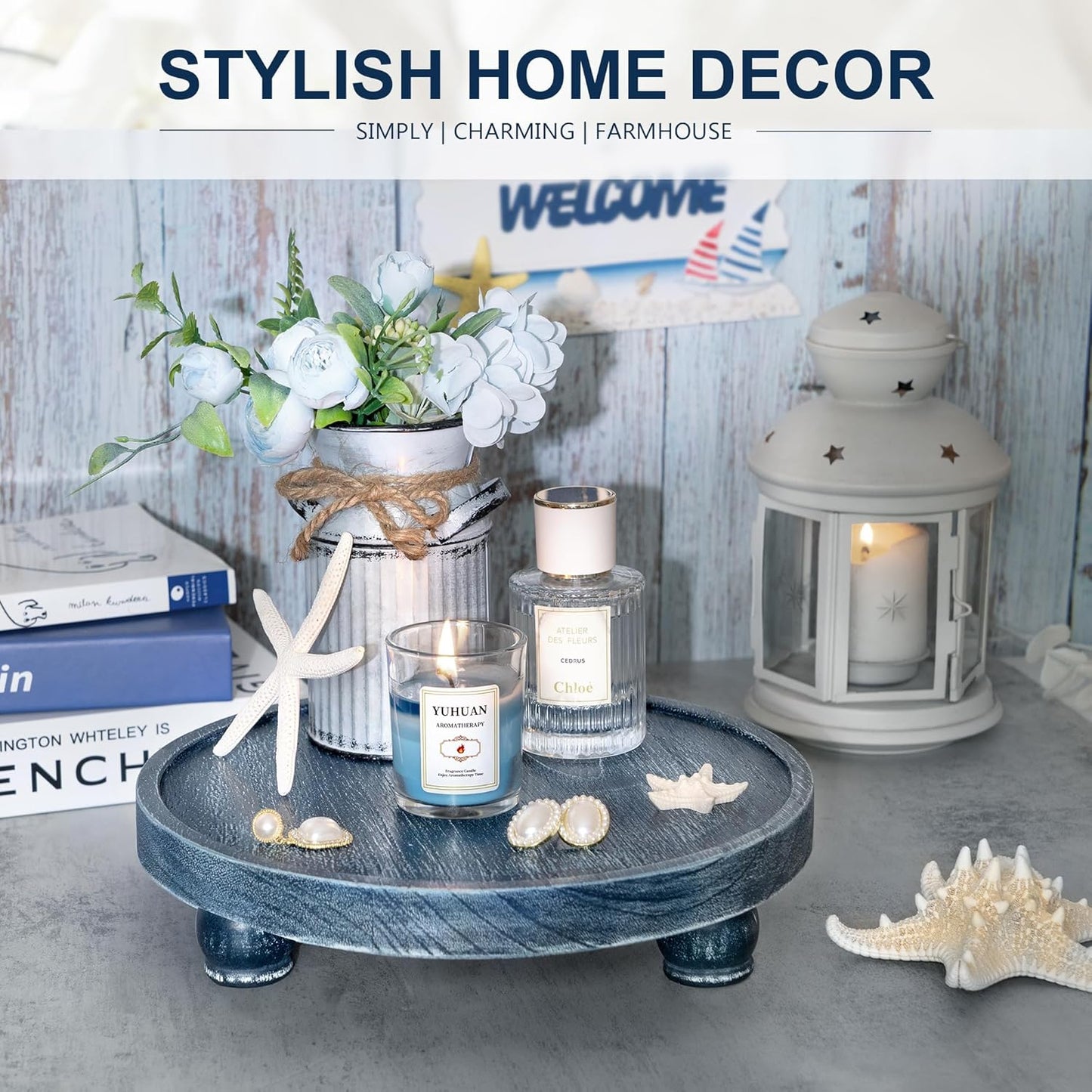 EOSAHR Decorative Display Risers for Living Room Decor - Farmhouse Wood Pedestal Stand for Kitchen Sink Organizer - Perfume Organizer for Bathroom Decor (Blue)