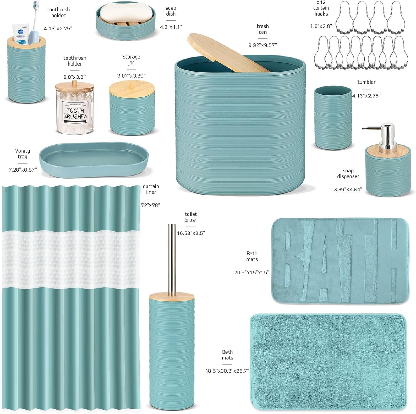 IMAVO Blue Bathroom Set,26Pcs Bathroom Accessories Set with PVC Shower Curtain,Rugs,Trash Can,Tray,Soap Dispenser,Soap Dish,Toothbrush Holder,Toothbrush Cup,Toilet Brush Holder and Qtip Holders