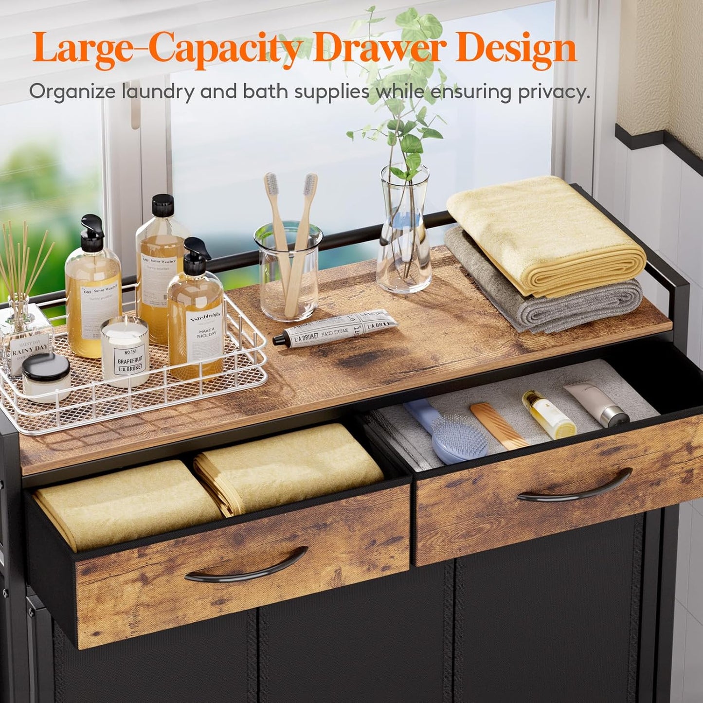 Lifewit Laundry hamper 3 Section, Large Rolling Laundry Sorter with Shelf & 2 Drawers, Pull-Out Laundry Basket Organizer with Wheels and Removable Bag for Laundry Room Bathroom, Rustic Brown and Black